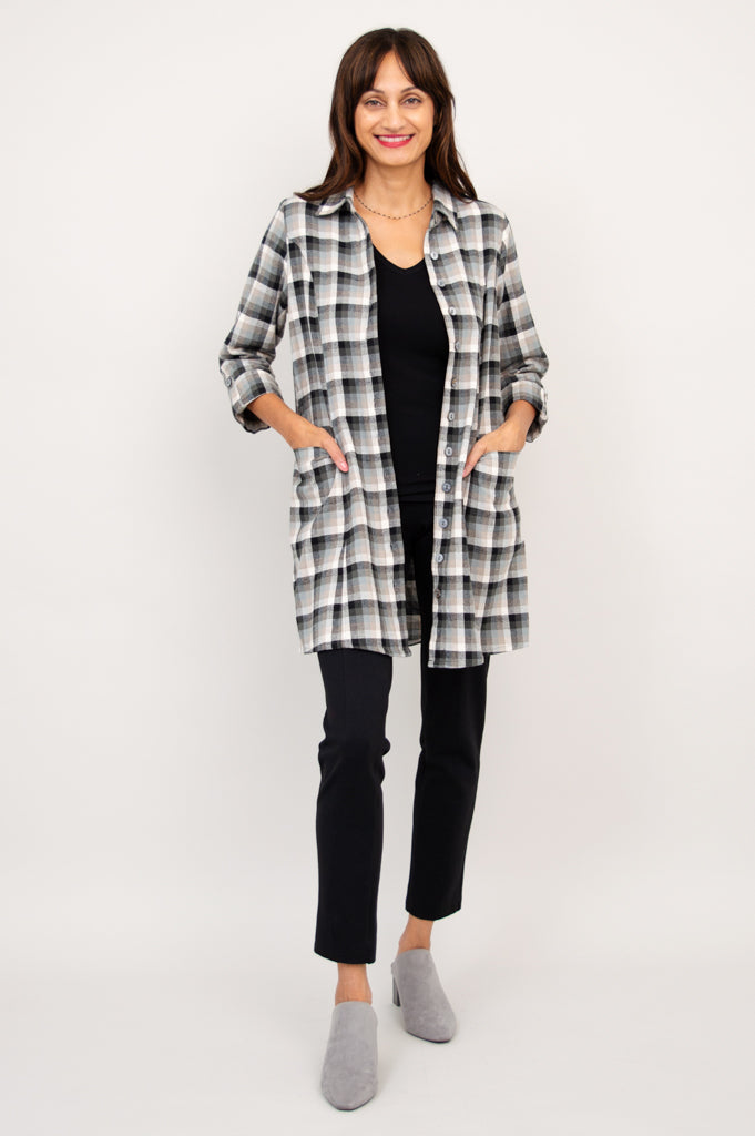 Larissa Tunic Top - Black Retro Plaid Cotton Flannel Shirt for Women | Vintage Style Fall Winter Fashion | Perfect for Casual Outfits, Office Wear & Holiday Parties