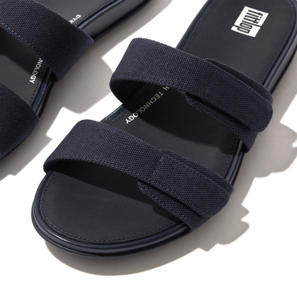 FitFlop Gracie Canvas Slide Sandals for Women - Comfortable Slip-On Summer Shoes in Midnight Blue | Perfect for Beach, Pool, and Casual Outings