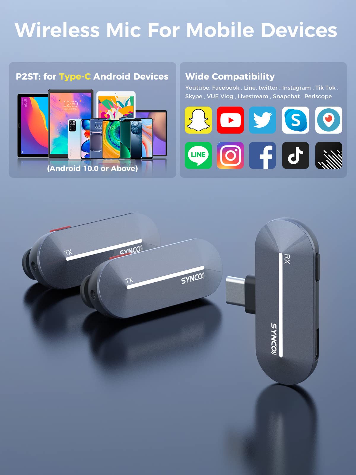 SYNCO P2ST 2.4GHz Wireless Lavalier Microphone with Charging Case - Dual Mic System (2TX 1RX) for USB-C Smartphones - Perfect for YouTube, TikTok Live Streaming, Vlogging & Podcasting - Ideal for Content Creators, Interviewers & Travel Vloggers