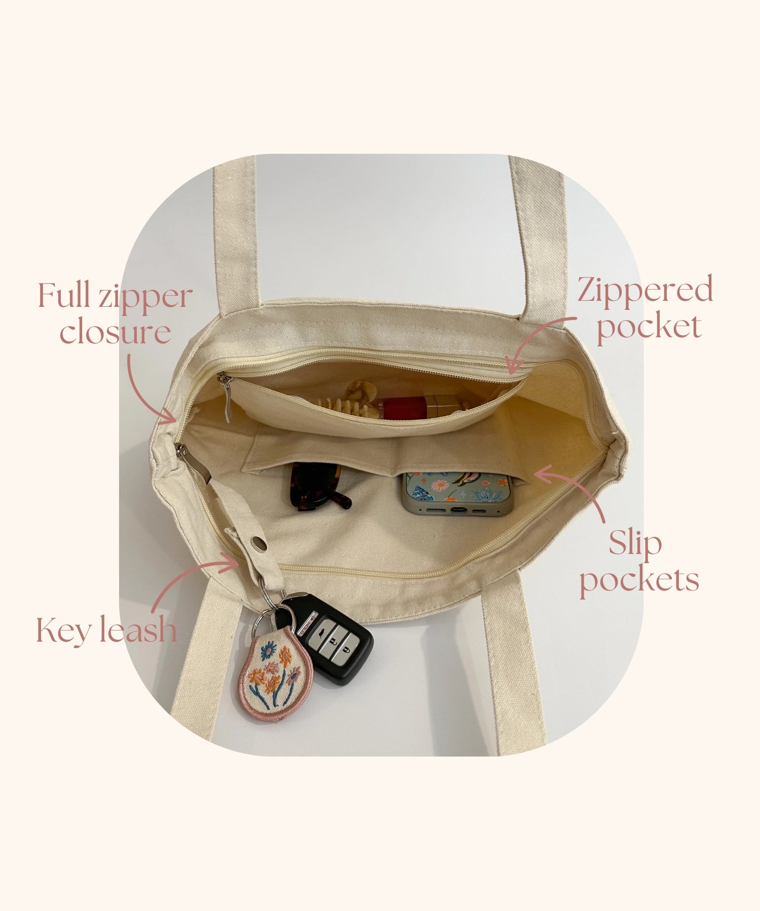 Heart Print Canvas Zipper Tote Bag with Pockets & Key Leash - Secure Closure Everyday Carry All for Women, Work, School & Travel