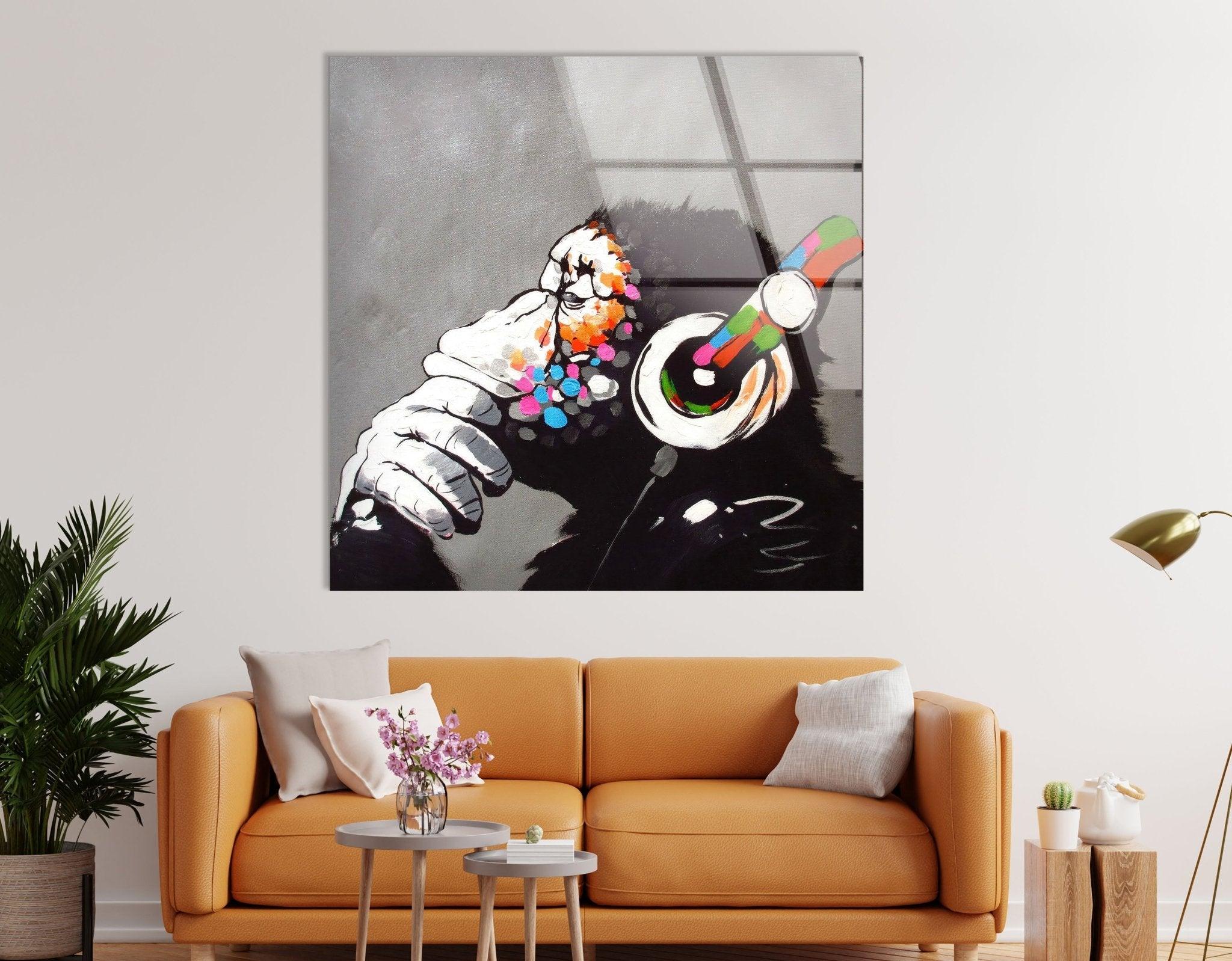 Banksy DJ Monkey Gorilla Thinking Glass Wall Art - Modern Canvas Print for Home & Office Decor - Perfect for Living Room, Bedroom or Studio