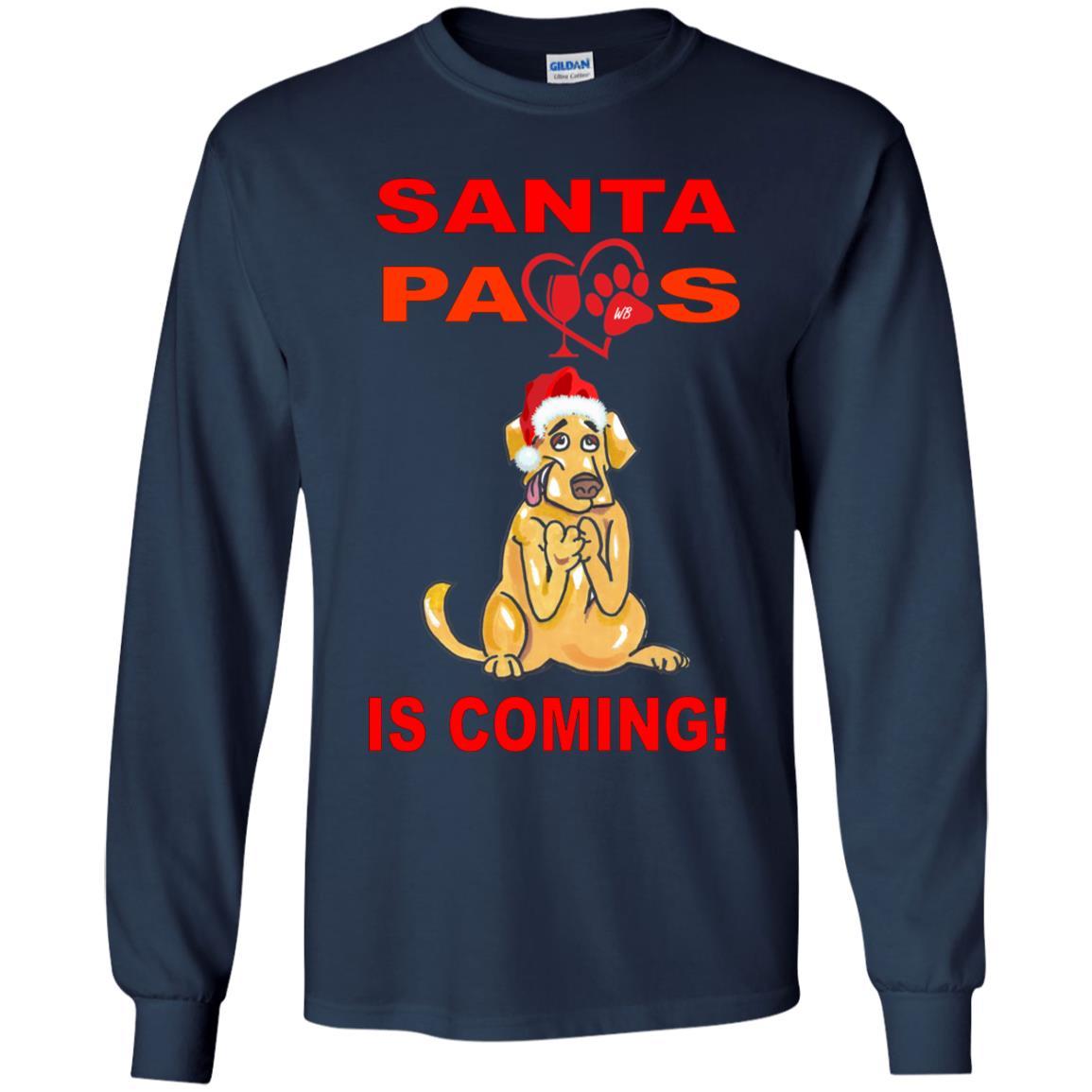 Santa Paws Is Coming Youth Long Sleeve T-Shirt | Cute Christmas Dog Lover Tee | Holiday Family Matching Outfits & Pet Photo Shoots