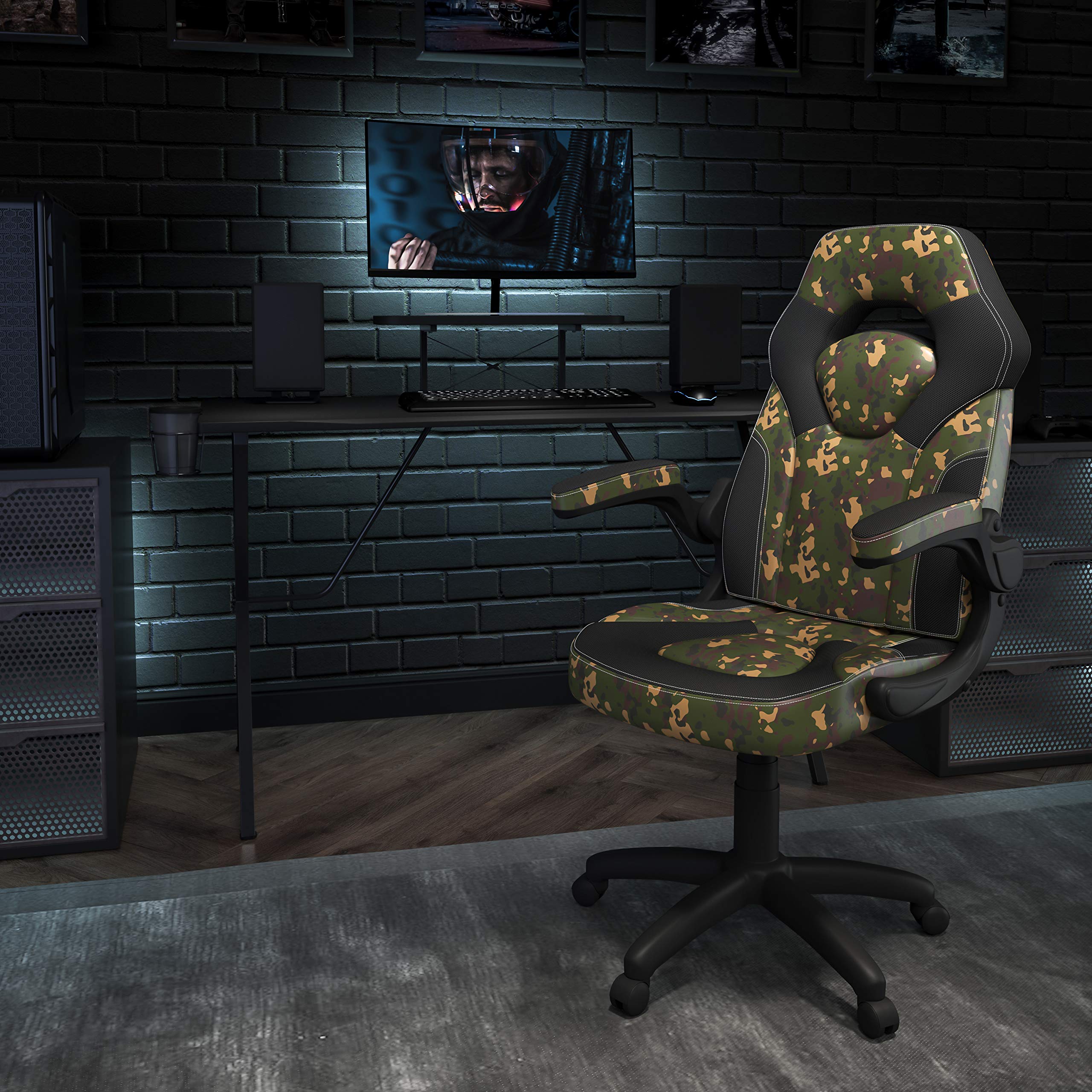 Black/Camo Gaming Desk Set with Cup Holder, Headphone Hook & Monitor Stand - Perfect for PC & Console Gamers, Streamers & Home Office Setup