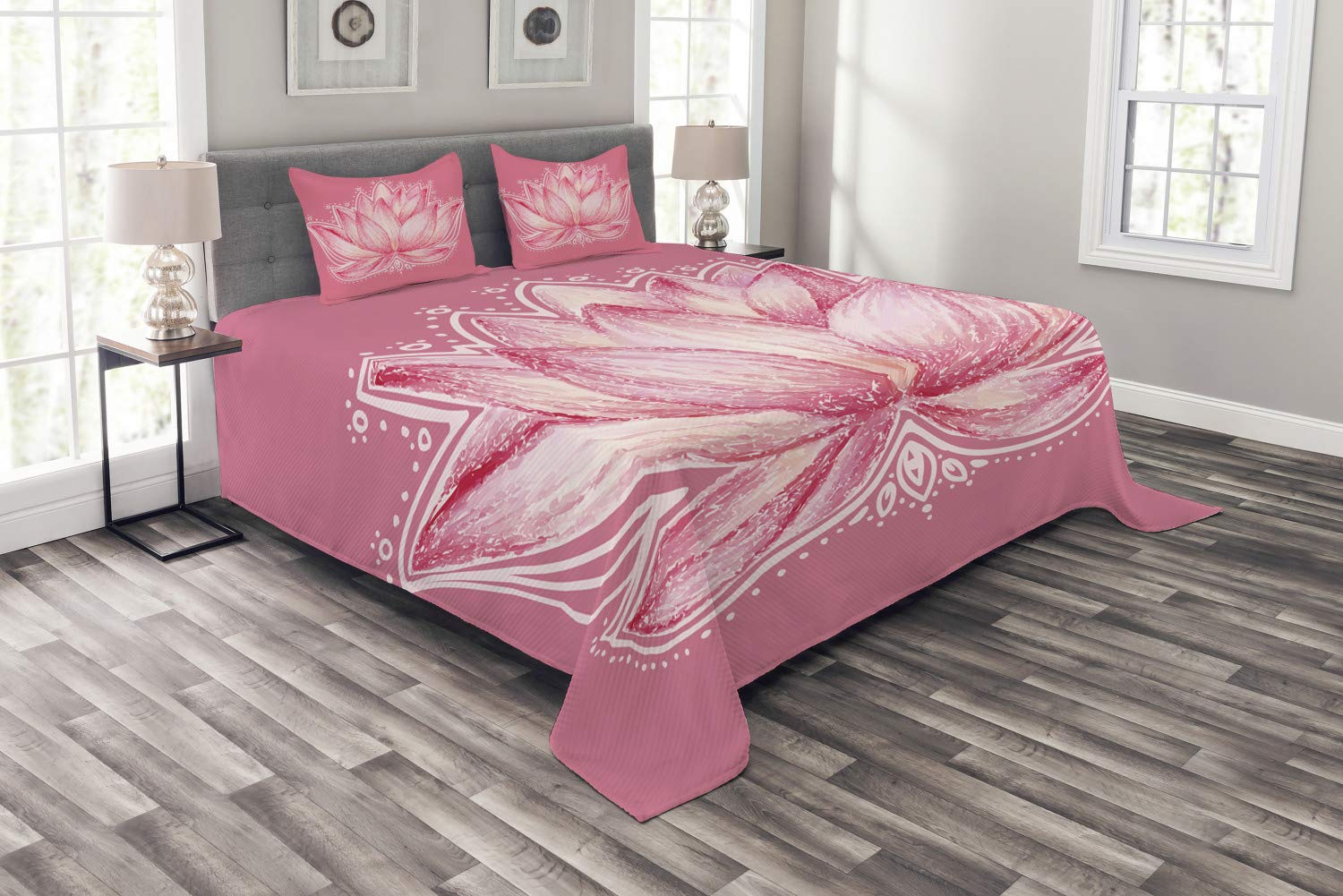 Ambesonne Floral Bedspread Set - King Size 3-Piece Lotus Flower Yoga Design with 2 Pillow Shams in Pale Pink Cream | Boho Chic Bedroom Decor for Master Bedroom, Guest Room & Yoga Retreat