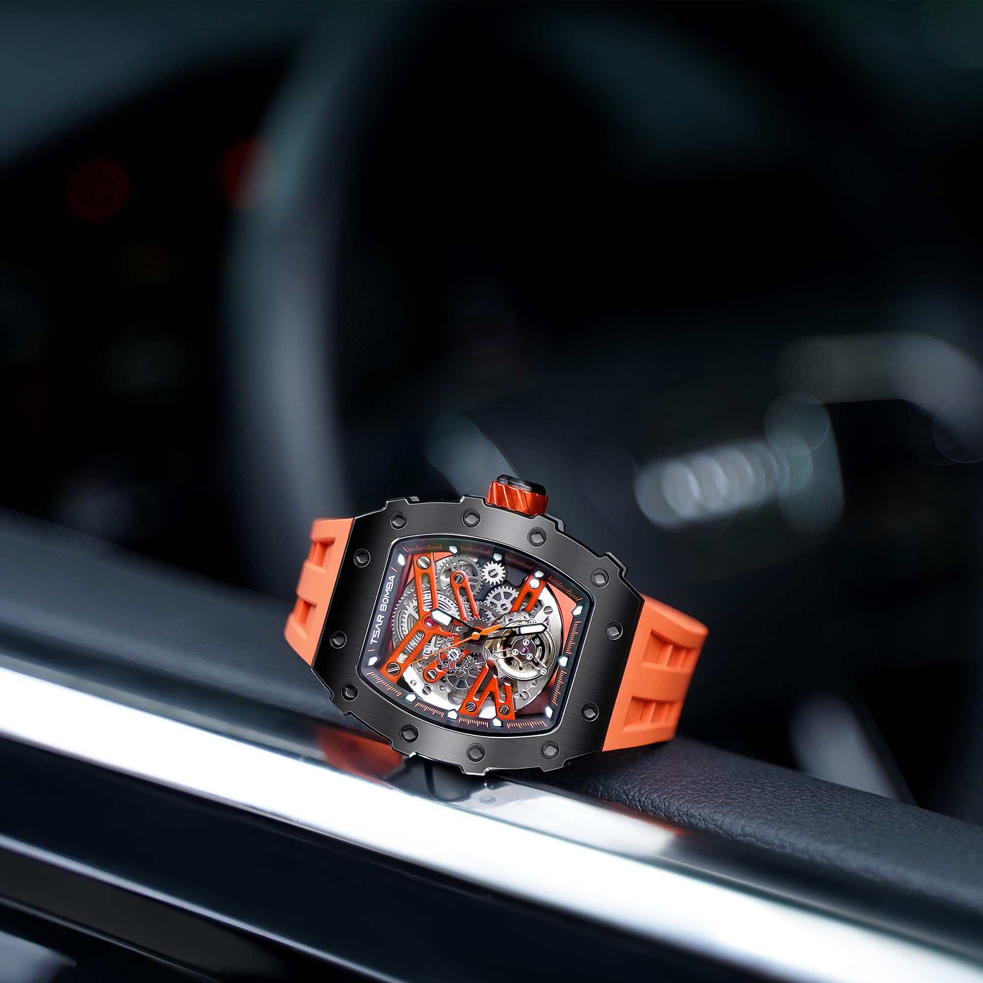 Premium Automatic Men's Watch - Square Skeleton Tonneau Design with Japanese Movement, 50M Waterproof, Sapphire Crystal Glass - Silicone/FKM Rubber Strap - Luxury Gift for Him (Perfect for Business, Formal Events & Everyday Wear)