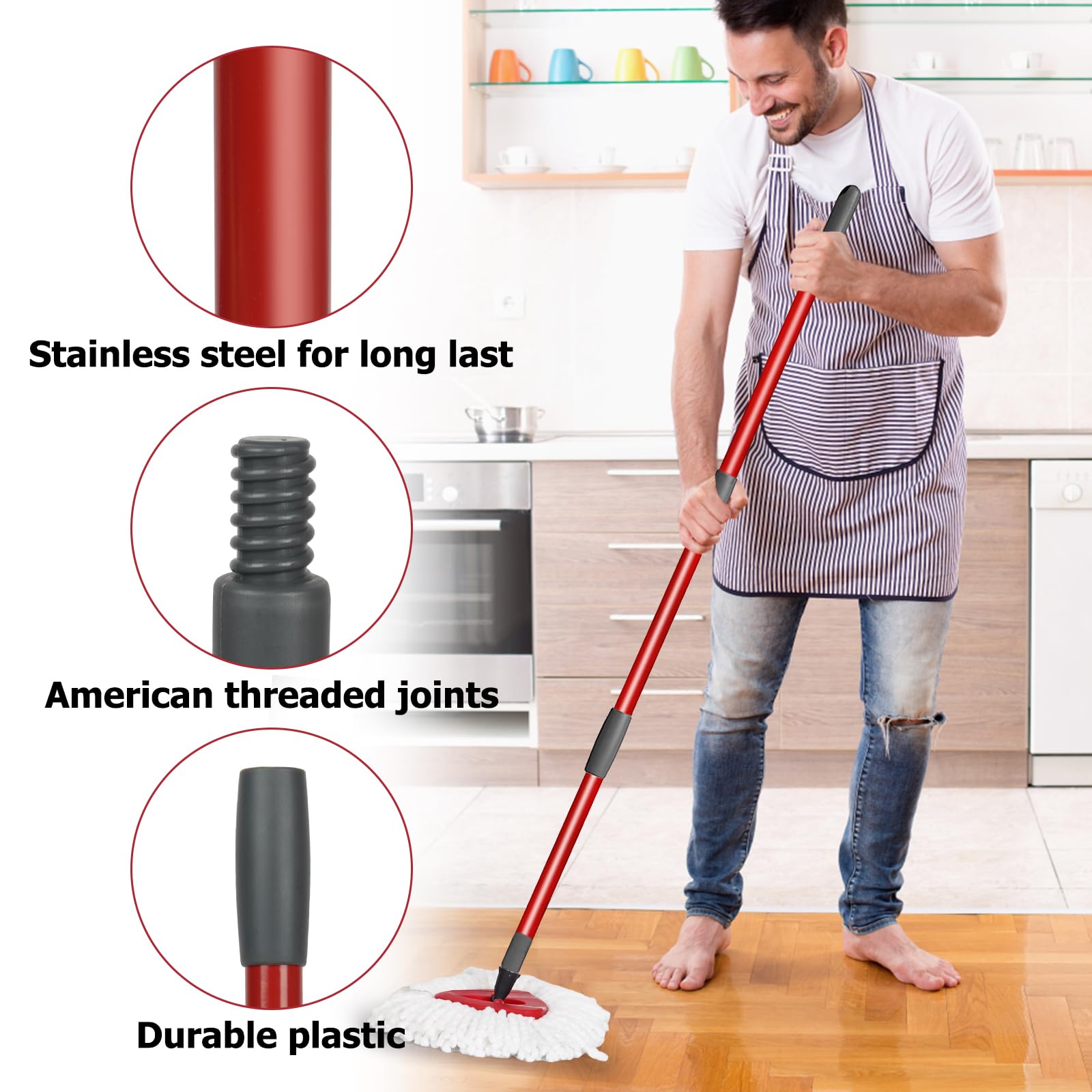 Qulable Spin Mop Replacement Handle - 4-Section Adjustable 30