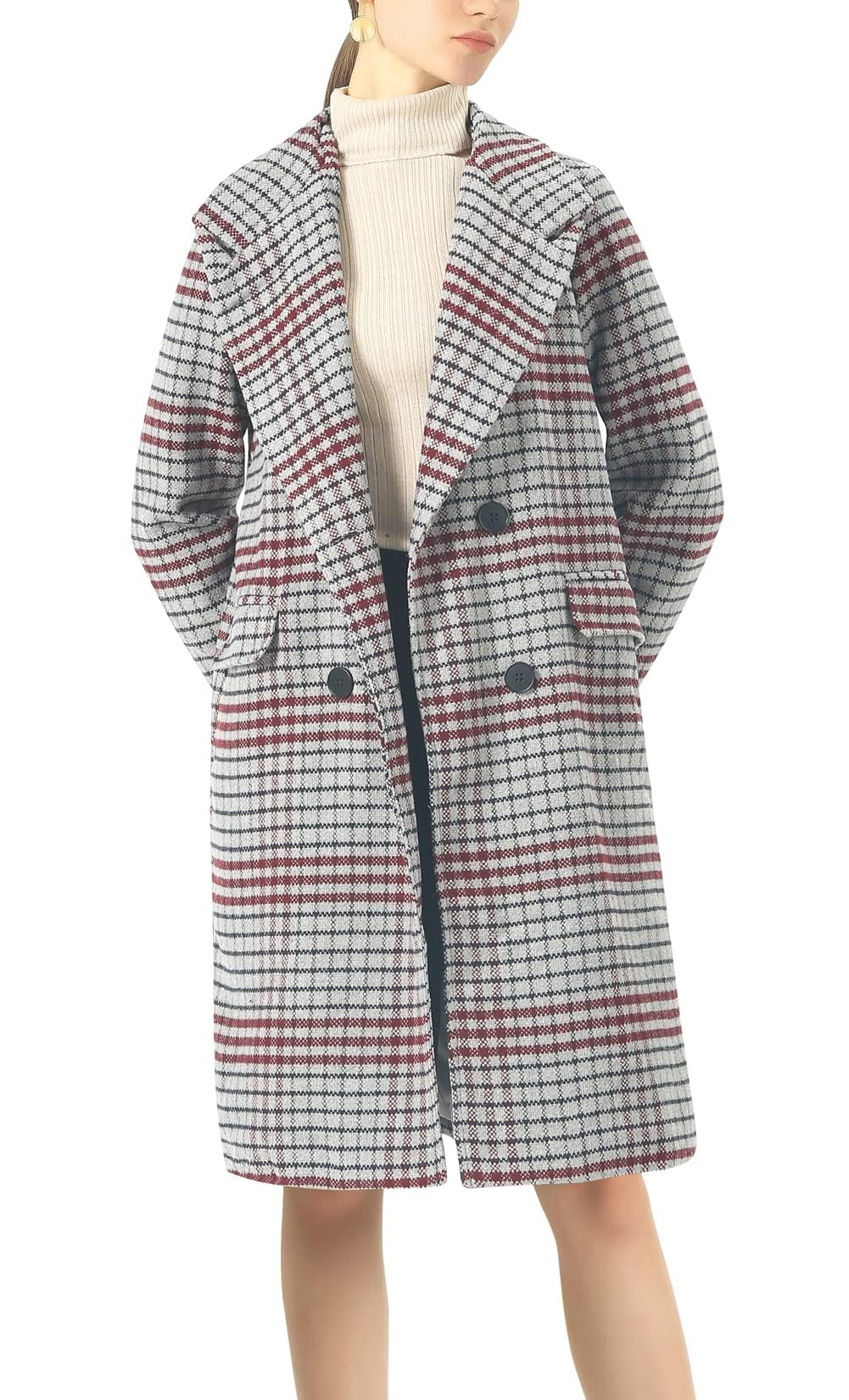 Women's Classic Notched Collar Double Breasted Plaid Wool Blend Long Trench Coat - Stylish Winter Outerwear for Office, Dating & Formal Occasions