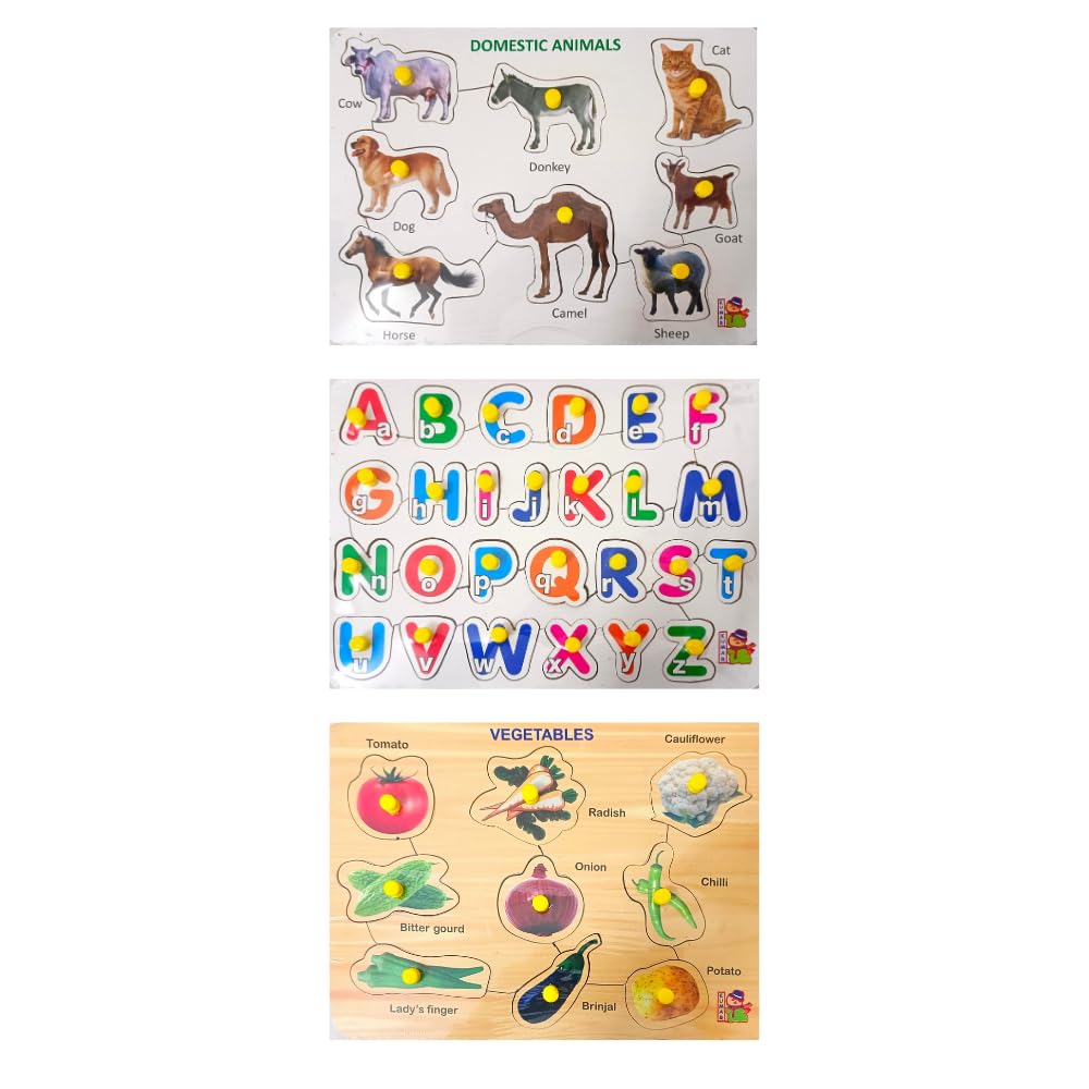Wooden Learning Boards for Kids & Adults - Educational Wooden Puzzle Toys Set (ABCD, Numbers 1-20, Shapes, Animals, Fruits, Vegetables) - Perfect for Early Childhood Education, Montessori Learning & Family Game Night