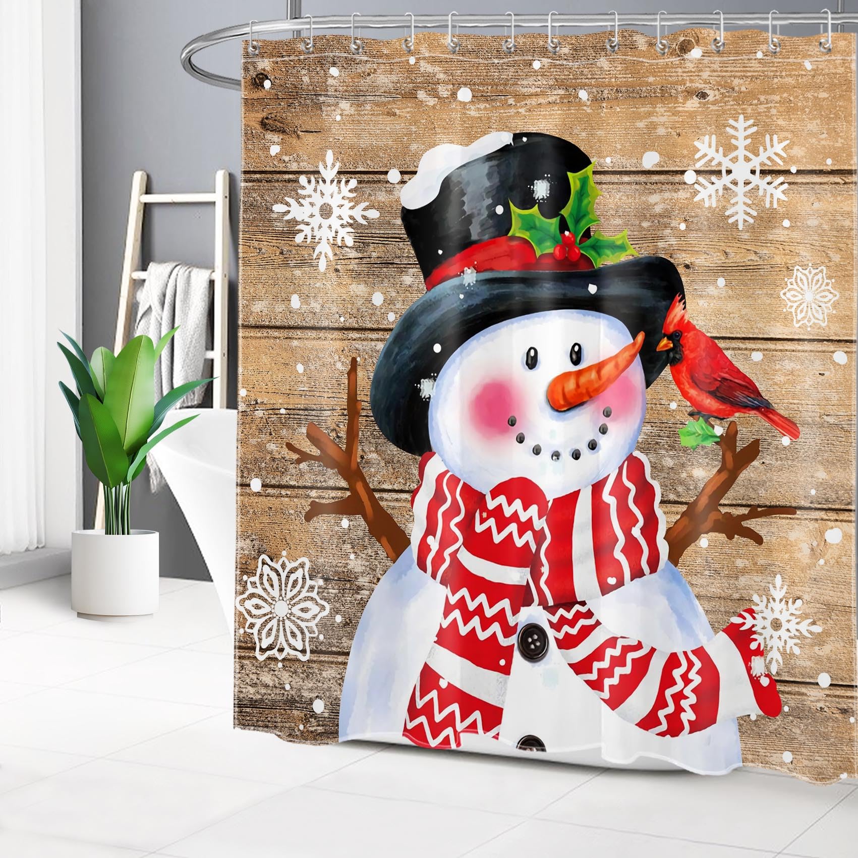 HVEST Farmhouse Christmas Shower Curtain - Snowman & Cardinal Design on Rustic Wood Brown Background, Winter Snowflake Pattern Polyester Fabric Bathroom Decor (72x72 Inch) with Hooks - Perfect for Holiday Bathroom Decor, Seasonal Home Styling, and Cozy Winter Atmosphere