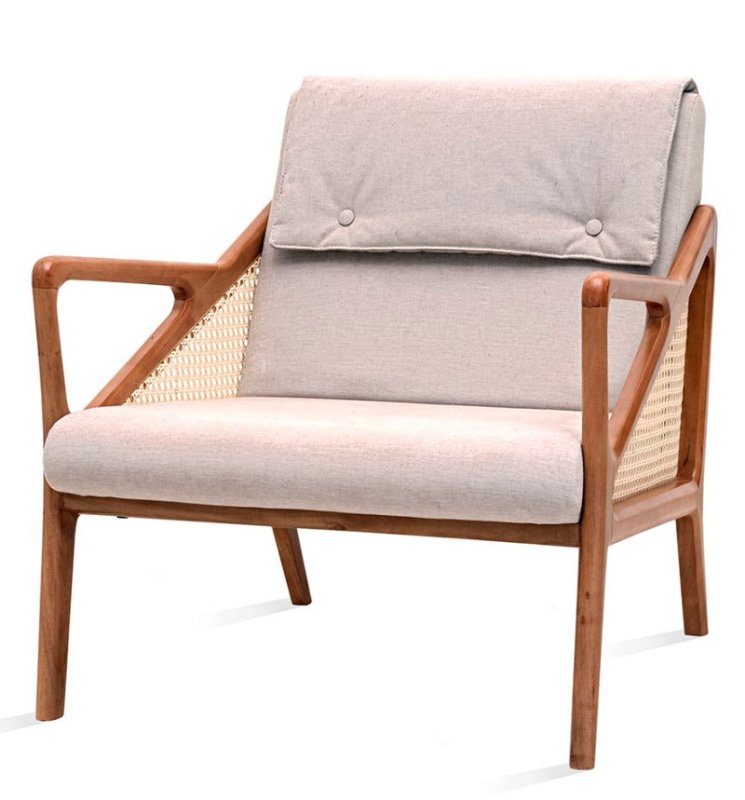 Handmade Designer Cane and Upholstered Lounge Chair - Mid-Century Modern Accent Chair for Living Room, Bedroom & Office - Comfortable Reading Chair with Woven Rattan Backrest