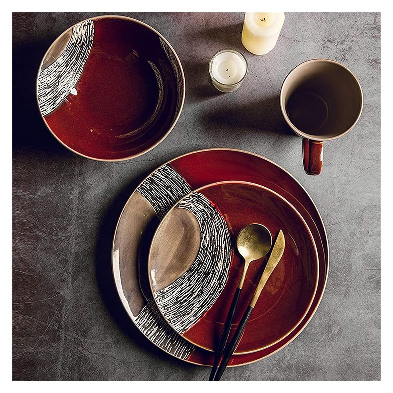 22-Piece Elegant Red Ceramic Dinnerware Set - American Style Plates, Bowls & Mugs for Wedding Gifts | Complete Table Setting for Dinner Parties, Family Meals & Special Occasions