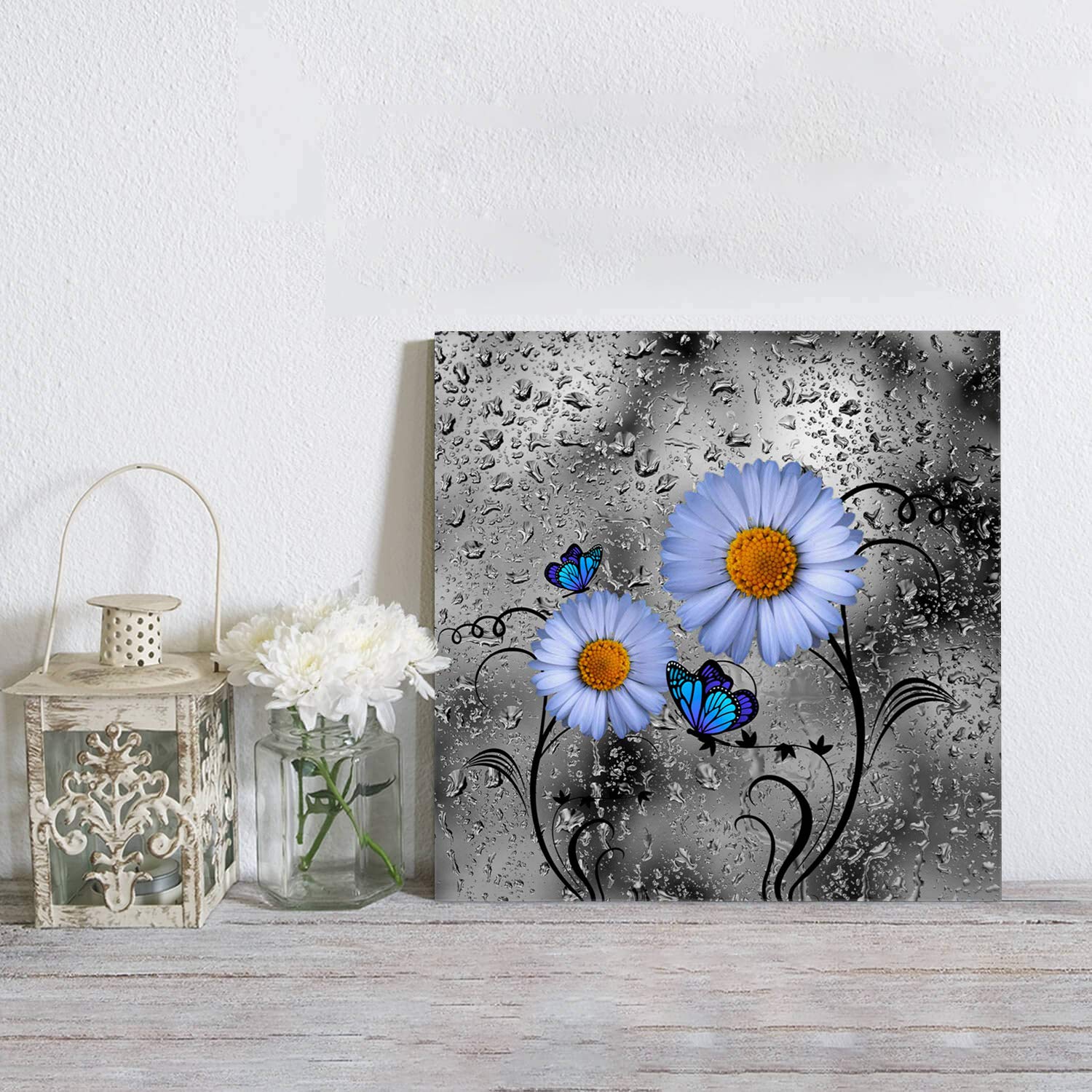 28x28 Inch Blue Butterfly and Daisy Canvas Prints - Water Drops on Glass Background Oil Painting Artwork - Wall Decor for Living Room, Bedroom - Perfect for Home Decor, Housewarming Gifts & Interior Design
