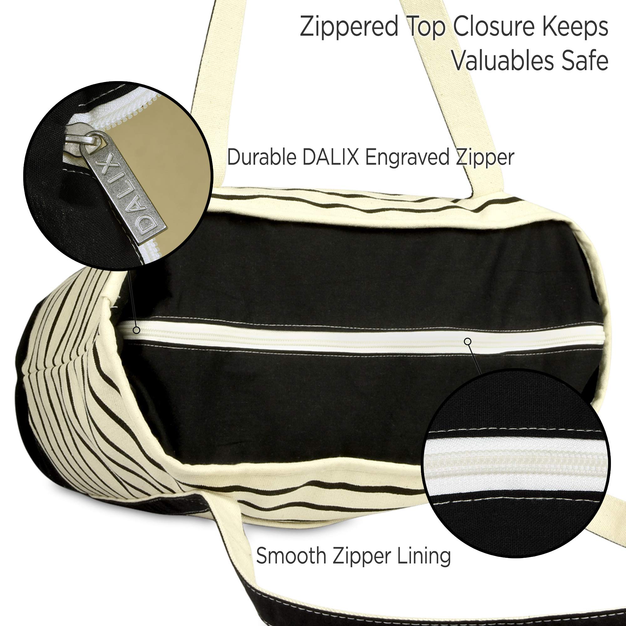 DALIX Medium Stripe Tote Bag - Deluxe Cotton Canvas Shoulder Bag for Women in Black | Perfect for Work, Travel & Everyday Use