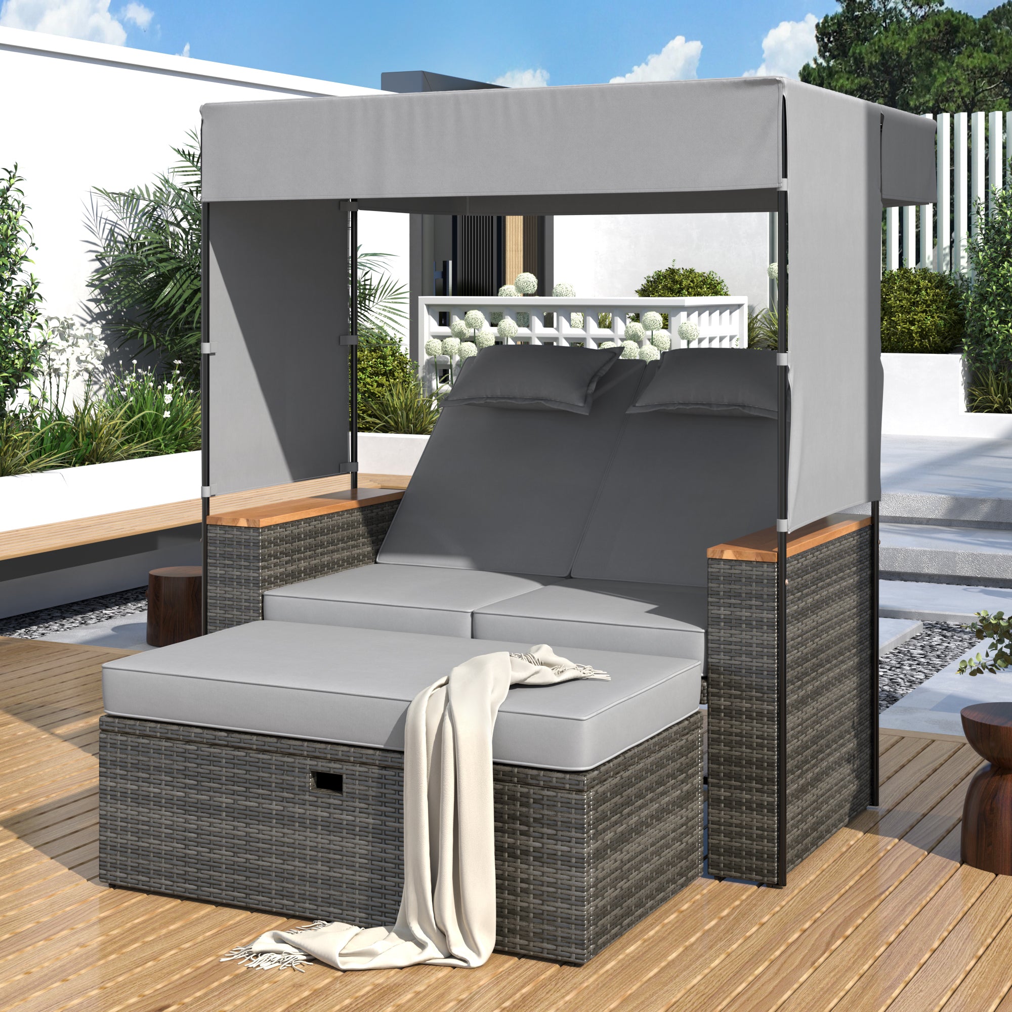 2 Piece Outdoor Rattan Daybed with Bench Lounge Roof Set & Cushions - Waterproof Wicker Patio Furniture for Poolside, Backyard, Garden - Perfect for Sunbathing, Relaxing & Outdoor Entertaining