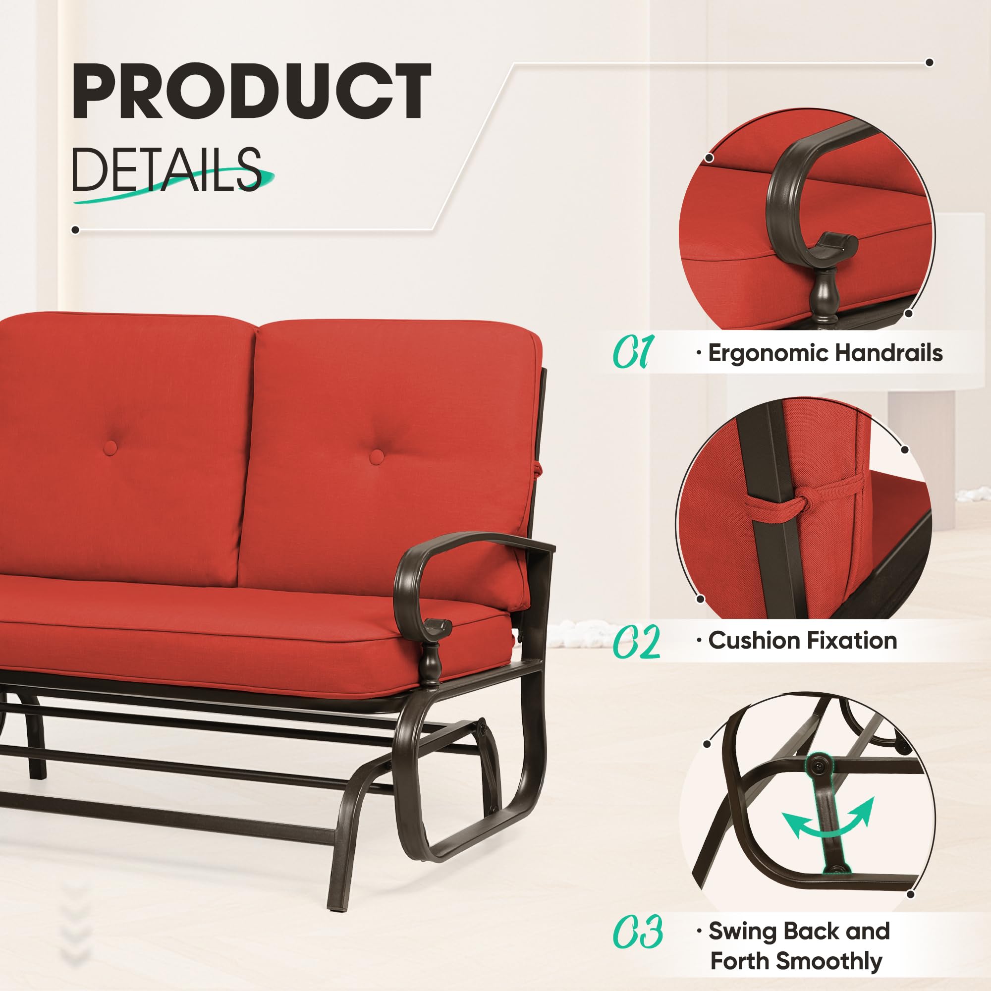 4Pcs Outdoor Metal Patio Furniture Set - Wrought Iron Glider, Bistro Table & 2 Spring Lounge Chairs (Red) - Perfect for Garden, Backyard, Porch & Poolside Relaxation