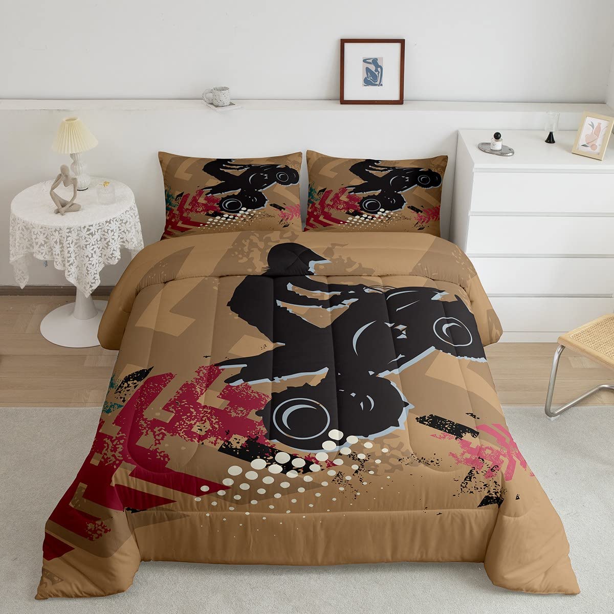 Cool Motorcycle Comforter Set Queen Size - Dirt Bike Bedding for Boys & Adults, Lightweight Soft Extreme Sports Themed Bedroom Decor with 1 Comforter & 2 Pillowcases | Perfect for Motorbike Lovers' Room, Kids' Bedroom or Racing Enthusiasts
