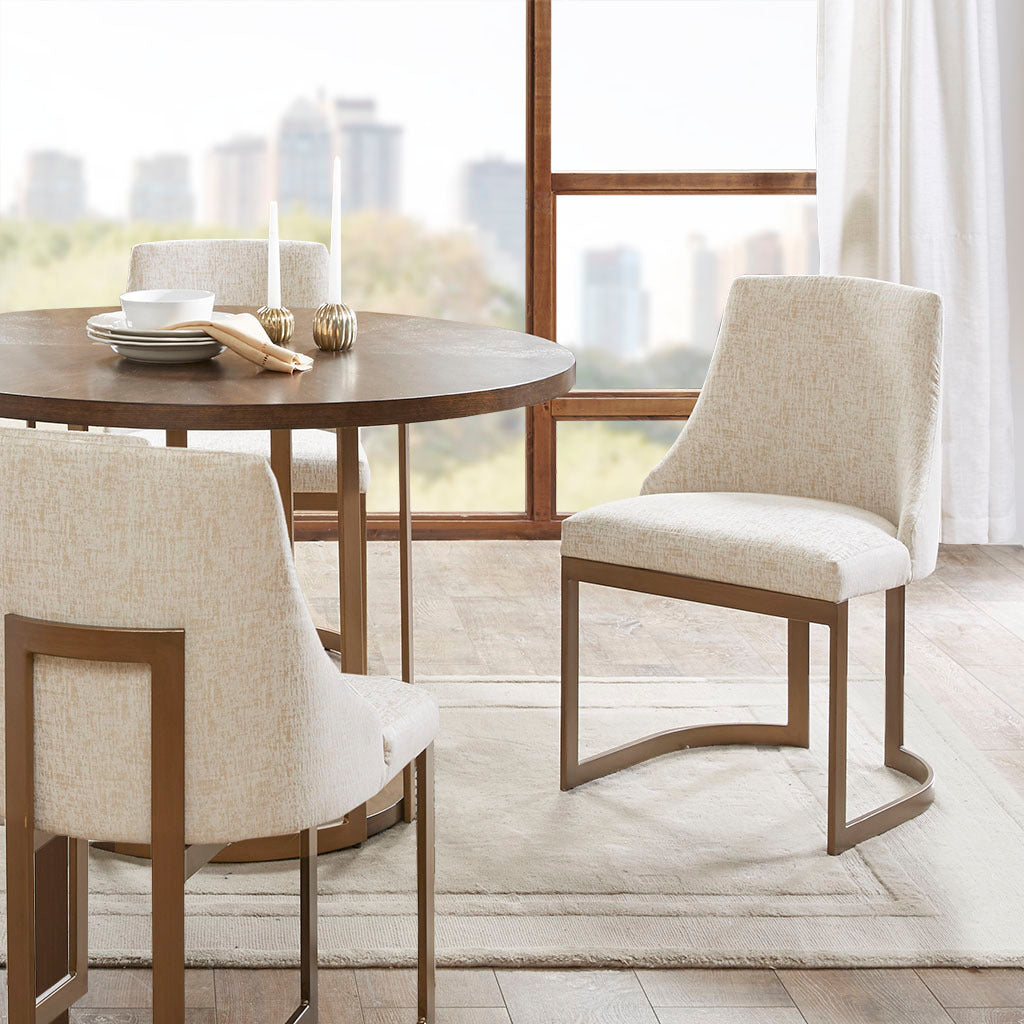 21'' Accent Dining Chairs Set of 2 - Antique Gold Metal Frame with Sled Legs, Modern Contemporary Style for Kitchen & Dining Room - White | Perfect for Small Spaces, Breakfast Nooks & Apartment Dining