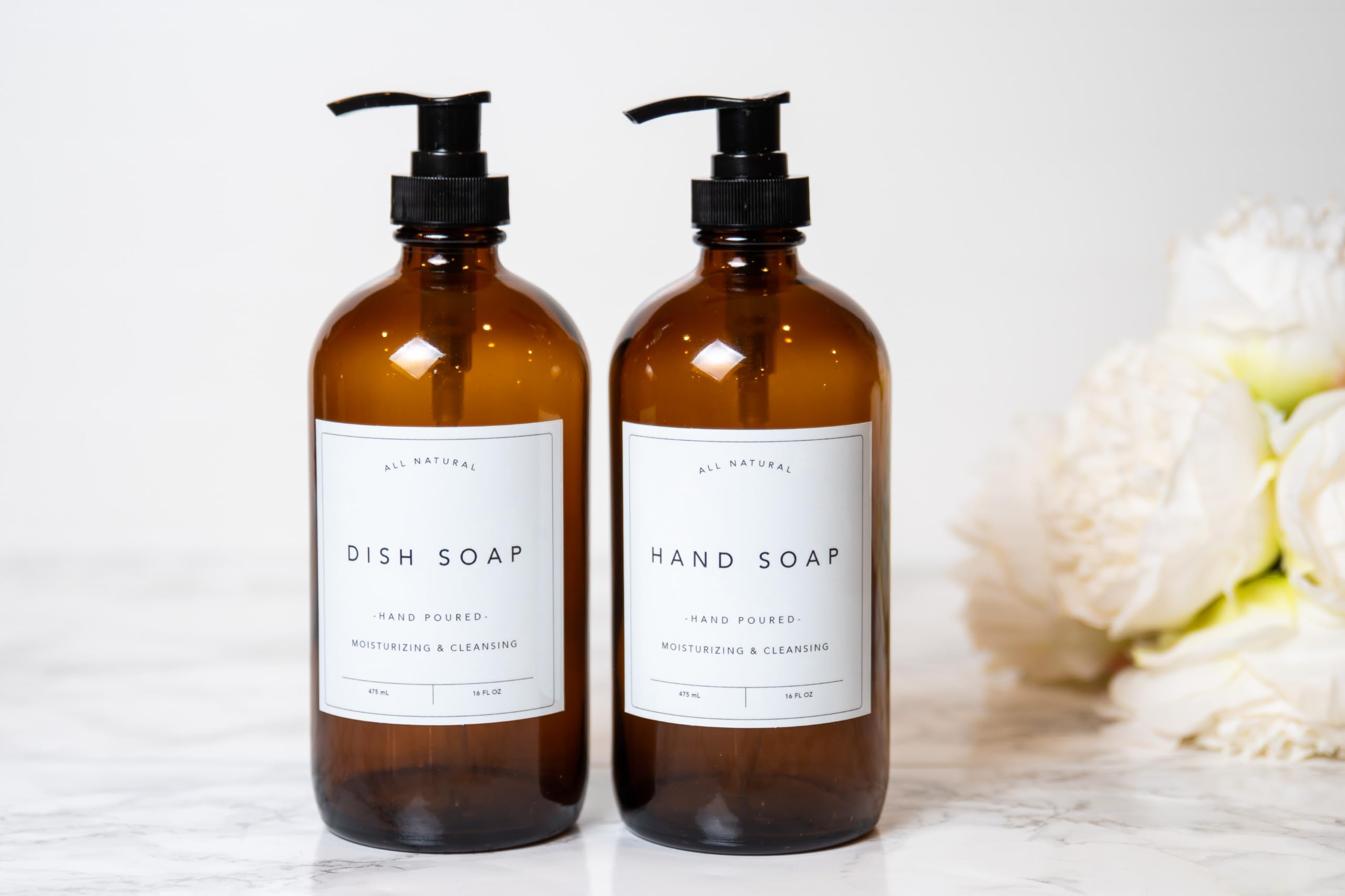 Modern Glass Hand & Dish Soap Dispenser Set - 2 Pack Amber Apothecary Style with Attached Labels | Elegant Kitchen Countertop Organizer for Bathroom, Kitchen Sink & Laundry Room