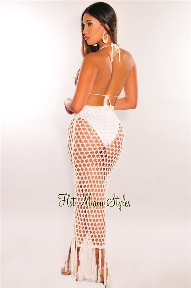 White Crochet Halter Fringe Skirt Two Piece Set - Boho Beach Cover Up for Summer Vacation & Music Festivals
