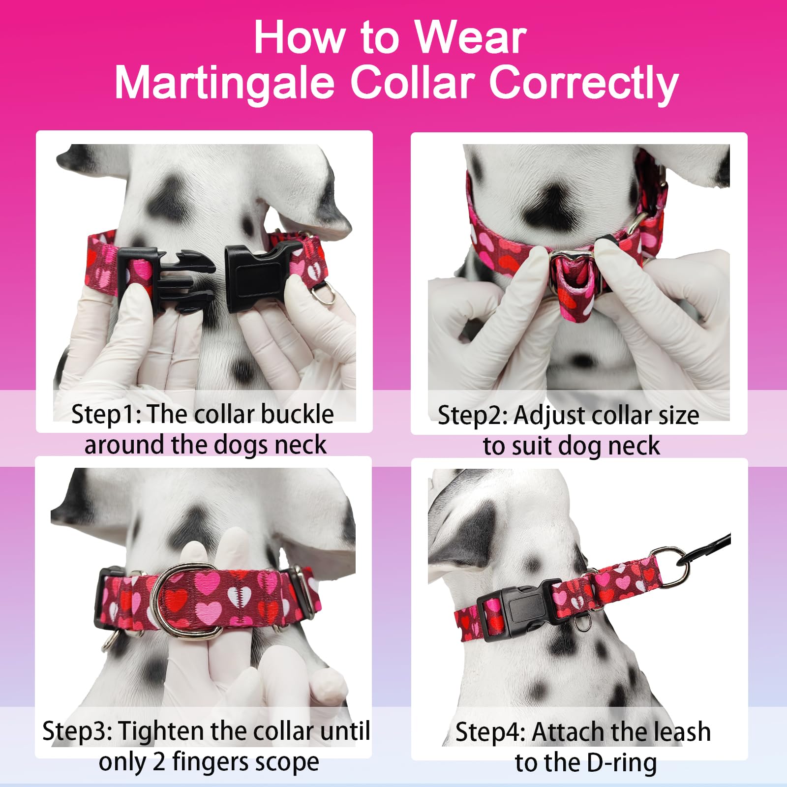 Valentine's Day Pink Martingale Dog Collar with Adjustable Buckle - Heart Design Burgundy Love Large Pet Collar for Training, Walks & Special Occasions