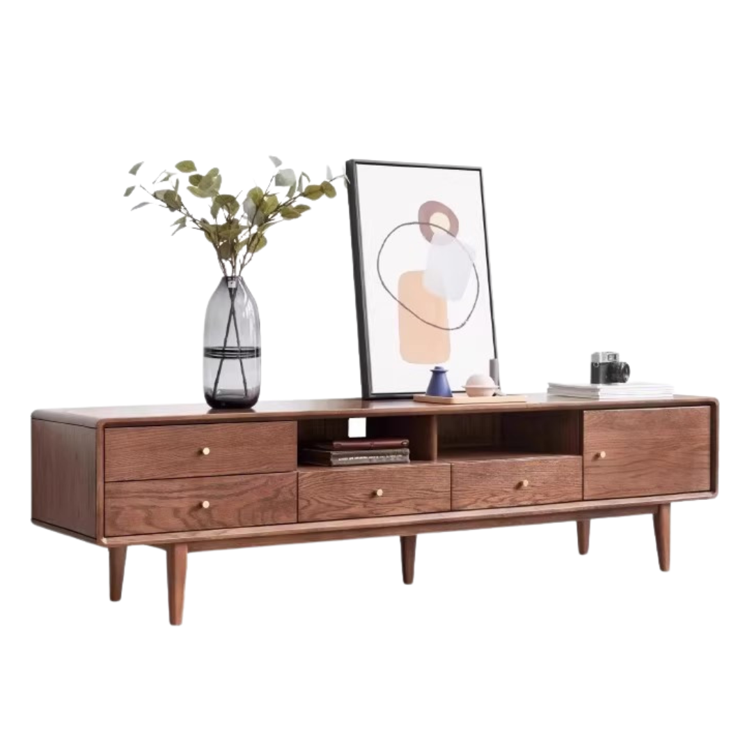 Solid Oak Wood TV Stand - Modern Entertainment Center with Storage Shelves for Living Room, Bedroom & Home Theater