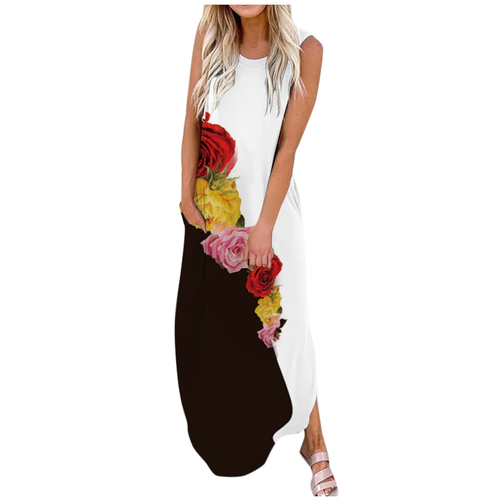 Women's Floral Print Sleeveless Maxi Dress with Pockets - Casual Beach Cover Up, Summer Loose Fit Long Dress for Vacations, Pool Parties & Outdoor Events