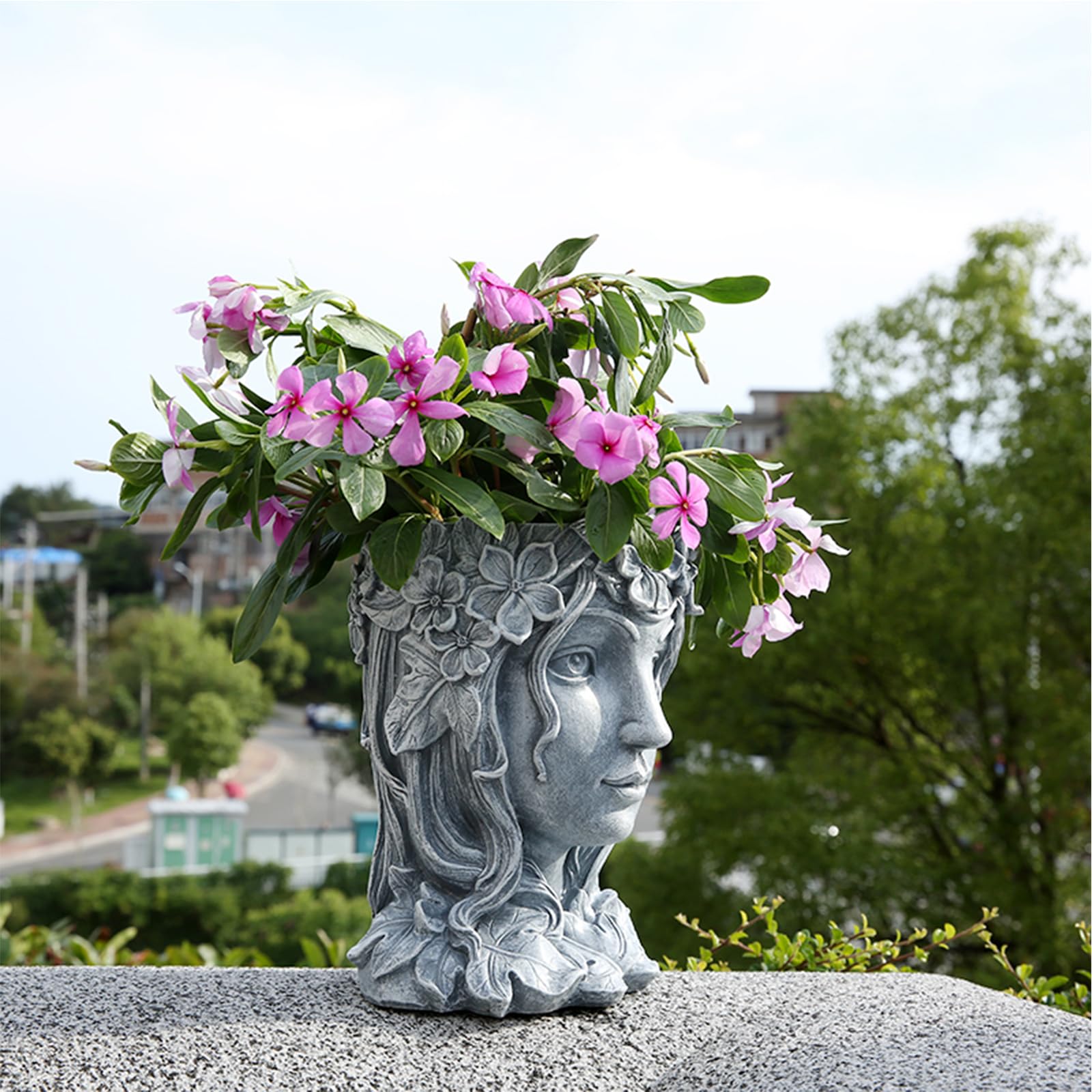 Decorative Gray Resin Face Planter with Drainage Hole - 5.7''W x 7.87''H Sculpted Goddess Flower Pot for Indoor & Outdoor Plants - Perfect for Succulents, Herbs, and Home Garden Decor