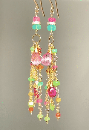 Pink Sapphire & Green Gemstone Gold Filled Dangle Earrings for Women | Elegant Statement Jewelry for Parties, Weddings & Special Occasions