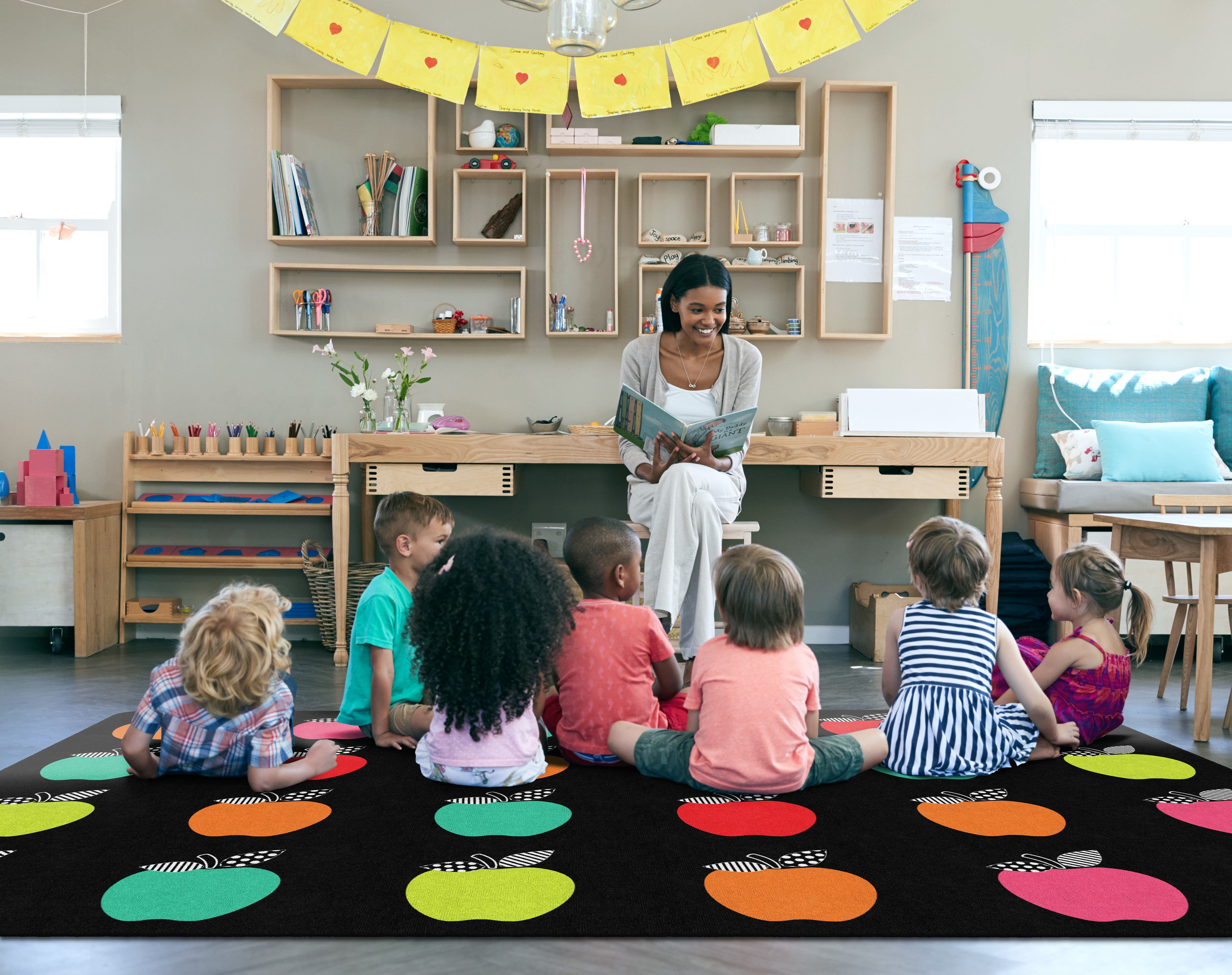 Black, White & Colorful Apple Sit Spots - Non-Slip Floor Markers for Classroom, Office & Home Organization - Perfect for Social Distancing & Seating Arrangements