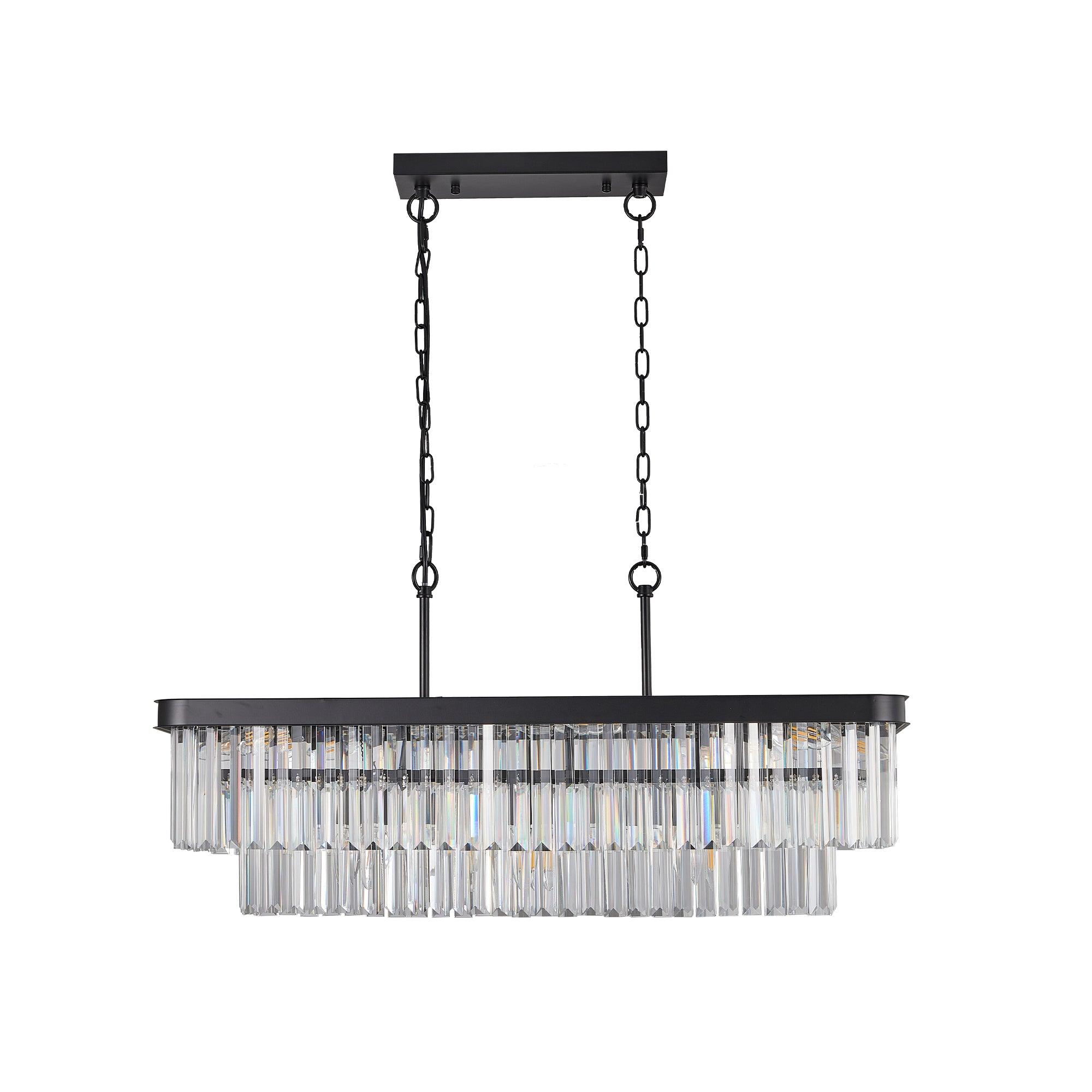 Modern Rectangular Crystal Chandelier - Adjustable E12 Industrial Farmhouse Ceiling Light with Iron Frame for Kitchen, Living Room & Bedroom | Black Finish (Bulbs Not Included) | Perfect for Dining Areas, Entryways and Home Decor