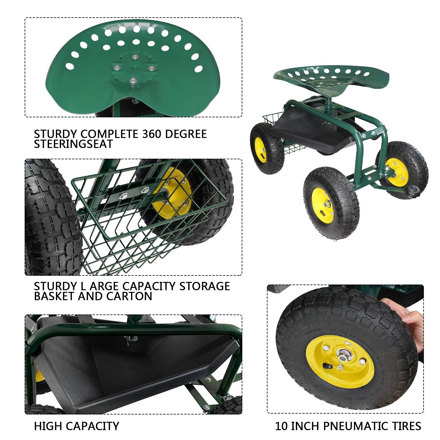 Rolling Garden Workseat with Steerable Wheels & Tool Tray - Adjustable Gardening Stool with Storage Basket for Planting, Weeding (Indigo) - Perfect for Backyard, Patio & Greenhouse Work
