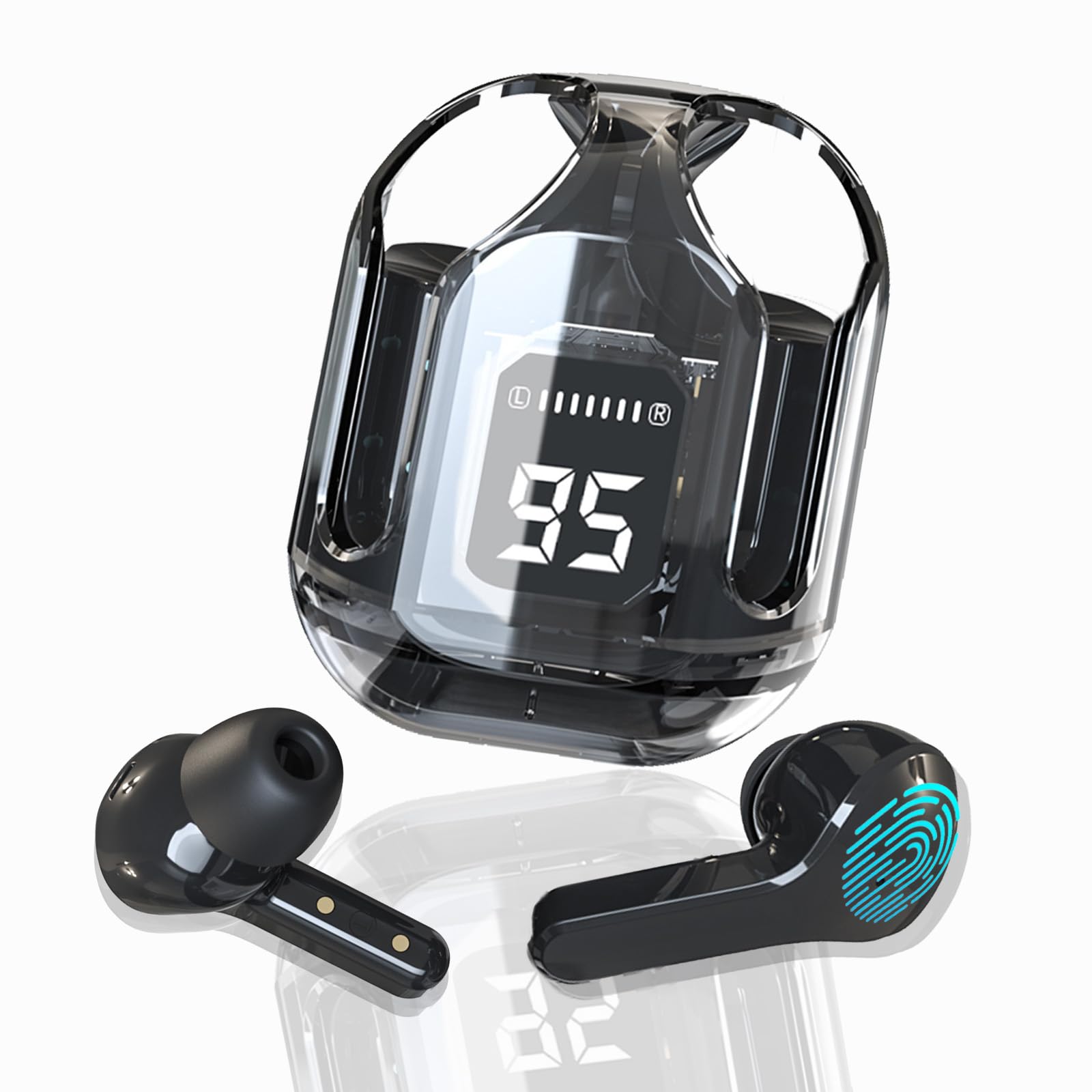 Wireless Bluetooth Earbuds with Deep Bass, ENC Noise Cancelling & HiFi Stereo Sound | Touch Control, IPX5 Waterproof & Dual Mic | Translucent Charging Case | Compatible with Android/iOS Phones, Laptops & Tablets | Perfect for Workouts, Commuting & Online Meetings