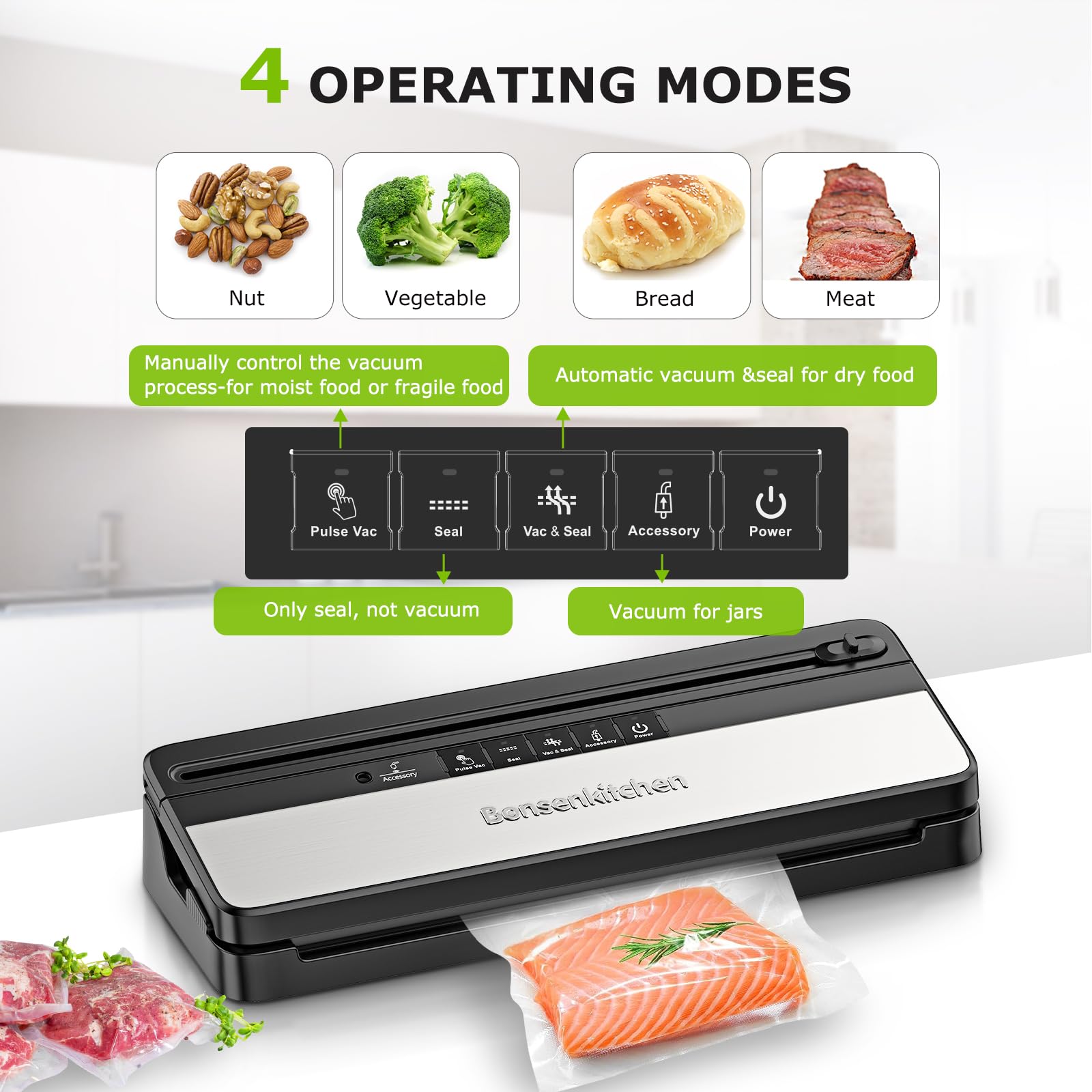 Bonsenkitchen Vacuum Sealer Machine - Automatic Food Sealer with 50 Bags & 1 Roll, Built-in Cutter | High-Speed Continuous Sealing for Meat, Cheese, Vegetables | Compact Design for Kitchen, Camping & Meal Prep (Black)