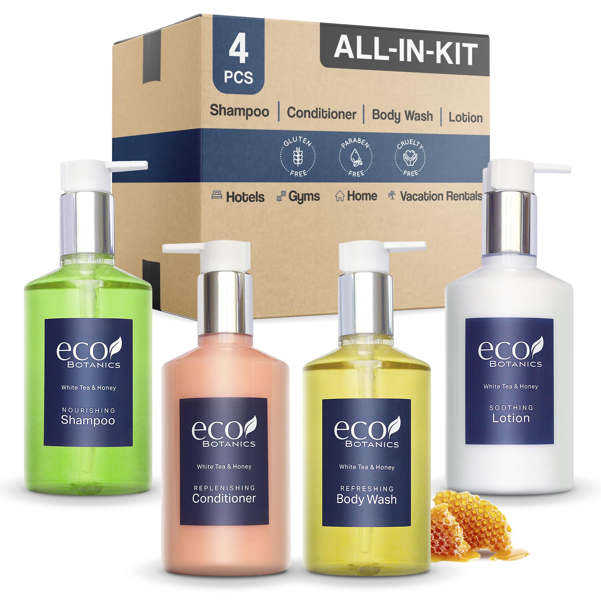 Eco Botanics Luxury Hotel Amenities Set - 10.14oz Pump Bottles (Shampoo, Conditioner, Hand & Body Wash, Lotion) - 4 Piece Travel Size Toiletries Kit for Hotels, Spas, Airbnb & Home Use