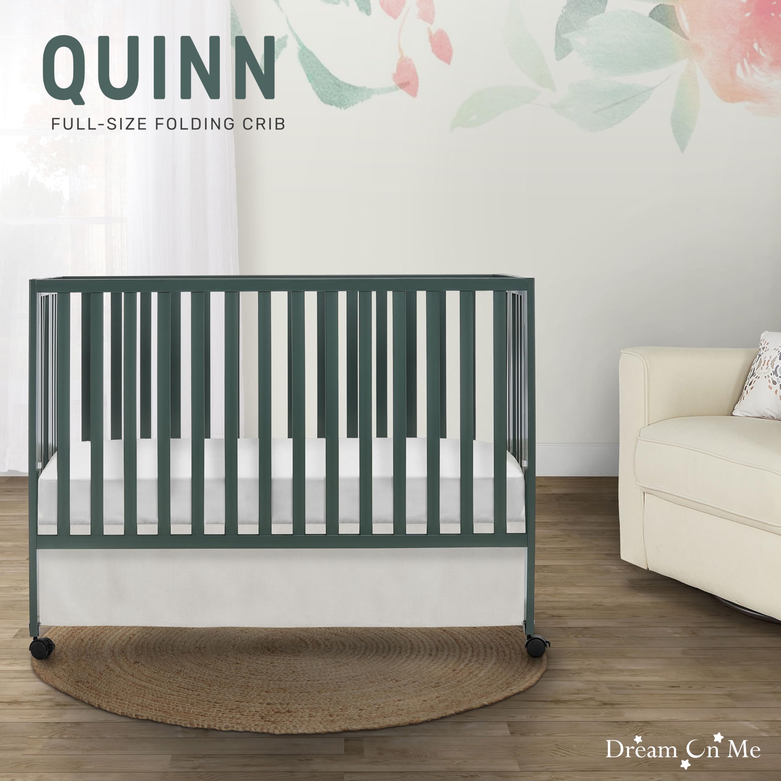Dream On Me Quinn Full-Size Folding Crib - Olive Green | Removable Wheels & Adjustable Mattress Support | Modern Nursery Essential | Portable Baby Bed with Patented Folding System | Perfect for Travel, Small Spaces & Guest Rooms