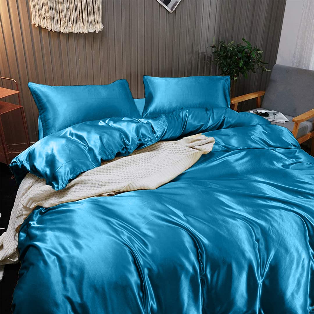 Luxury 7-Piece California King Silk Satin Sheet Set - Breathable Cooling Hotel Quality Bedding with Deep Pockets - Wrinkle-Free Turquoise Blue Duvet Cover & Pillowcases - Perfect for Hot Sleepers & Upscale Bedroom Decor