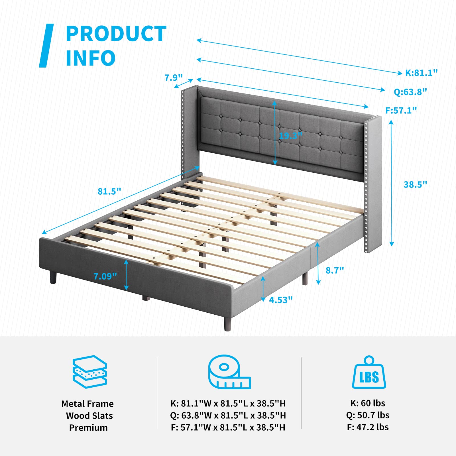 BALUS King Size Platform Bed Frame with Wingback Headboard - Modern Upholstered Bed with Rivet Design, No Box Spring Required, Easy Assembly (Dark Grey) - Perfect for Master Bedroom, Guest Room & Modern Home Decor