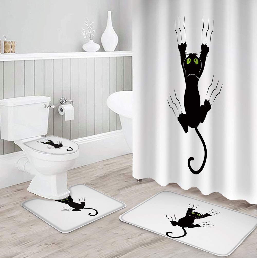 Prime Leader 4-Piece Shower Curtain Set with 12 Hooks - Funny Cartoon Black Cat Design, Waterproof Bathroom Decor with Non-Slip Bath Mat & Toilet Lid Cover - Perfect for Pet Lovers' Bathroom Decor and Themed Home Decor