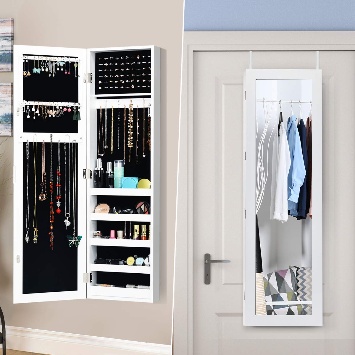 Giantex Wall Mounted Jewelry Armoire Cabinet with Full-Length Mirror - Large Storage Organizer with Ring Earring Slots, Necklace Hooks & Shelves - Perfect for Bedroom, Closet & Dressing Room Organization