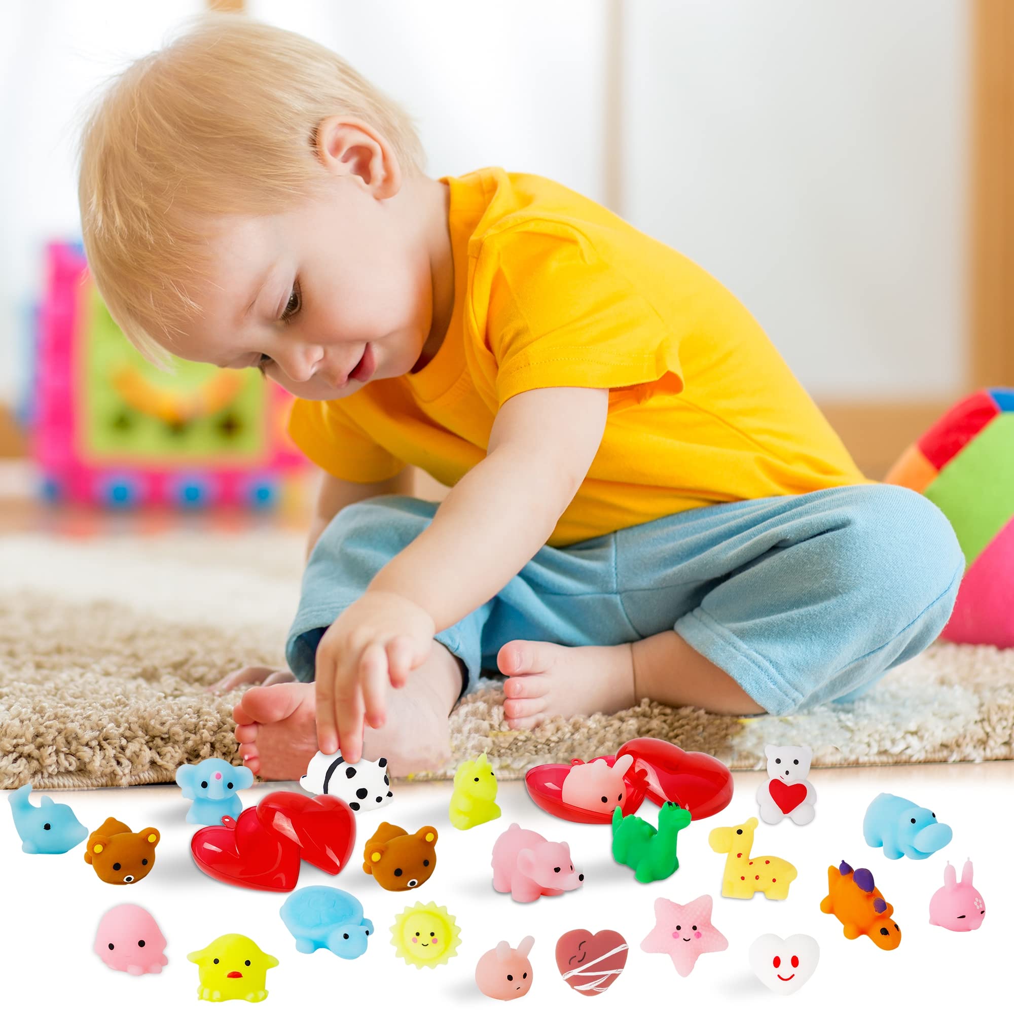28 Pcs Mochi Squishy Toys with Valentine's Day Cards - Cute Heart-Shaped Stress Relief Gifts for Kids, Perfect for Classroom Exchange, Party Favors & Valentine's Day Celebrations