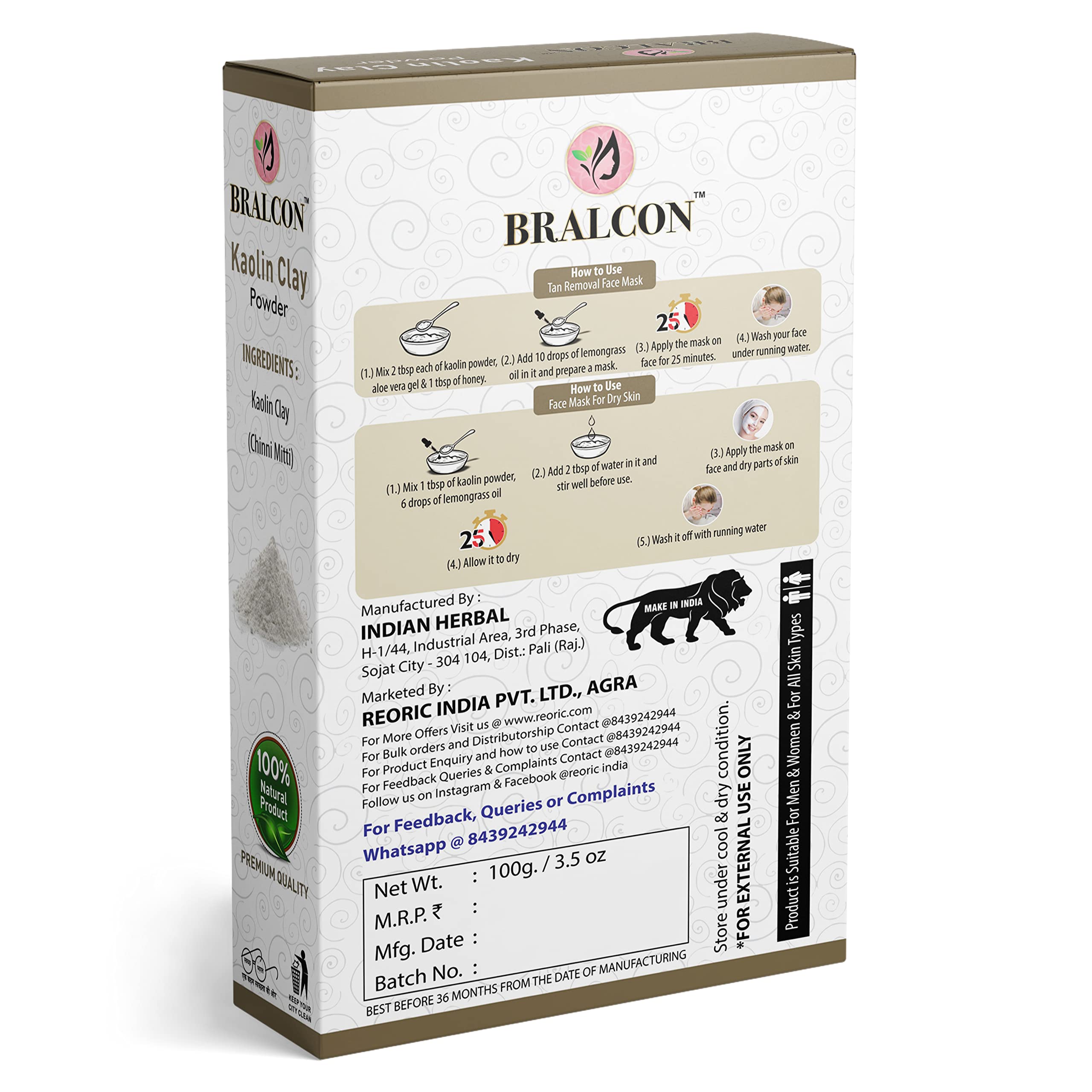 BRALCON Organic Mulethi (Licorice) Powder, Kaolin Clay & Orange Peel Powder Combo - 300g (3x100g) | Natural Face Mask for Skin Whitening, Glowing Complexion & Hair Growth | DIY Beauty Treatment for Acne, Dark Spots & Dull Skin