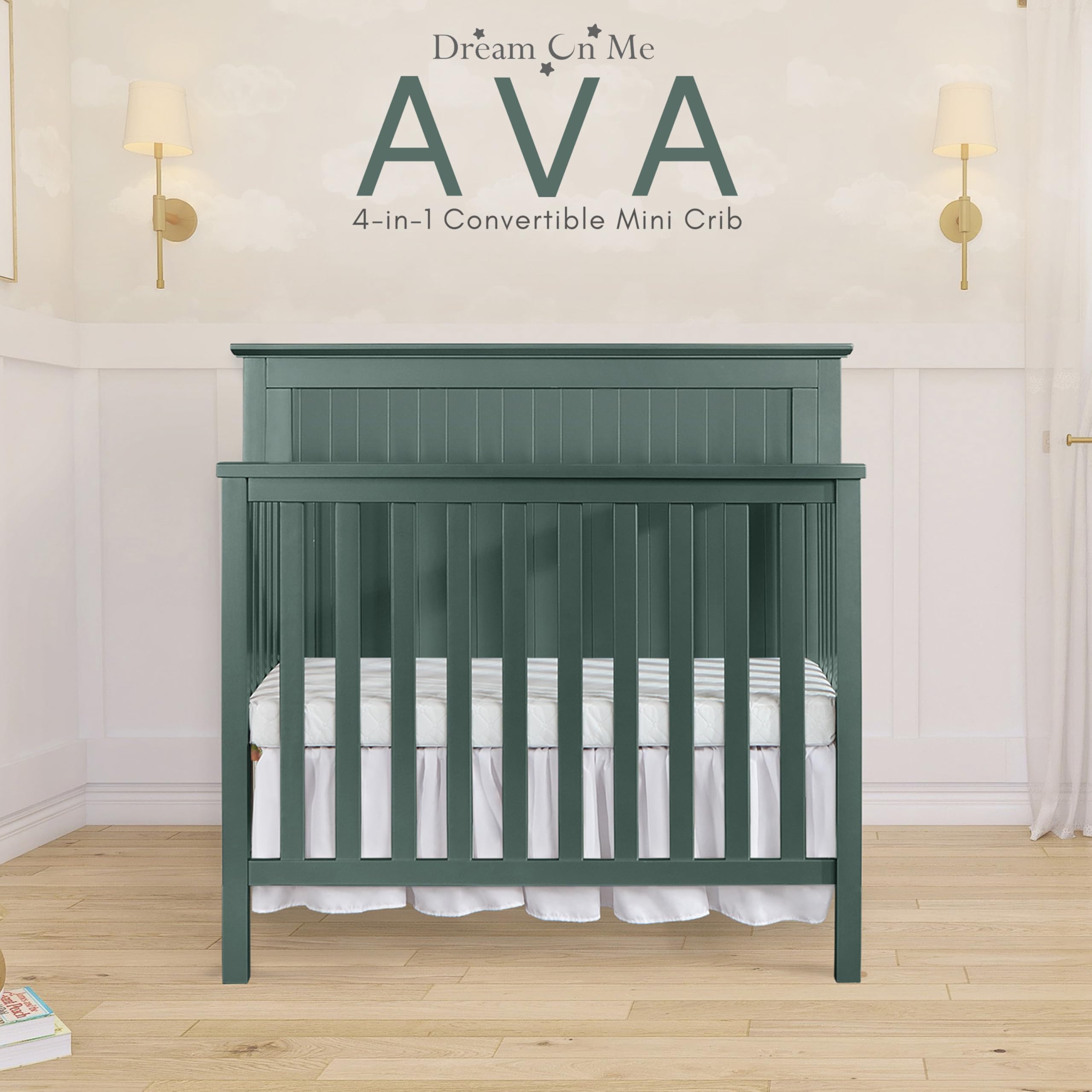 Dream On Me Ava 4-in-1 Convertible Mini Crib in Olive | Greenguard Gold Certified & Non-Toxic Finish | Includes 1