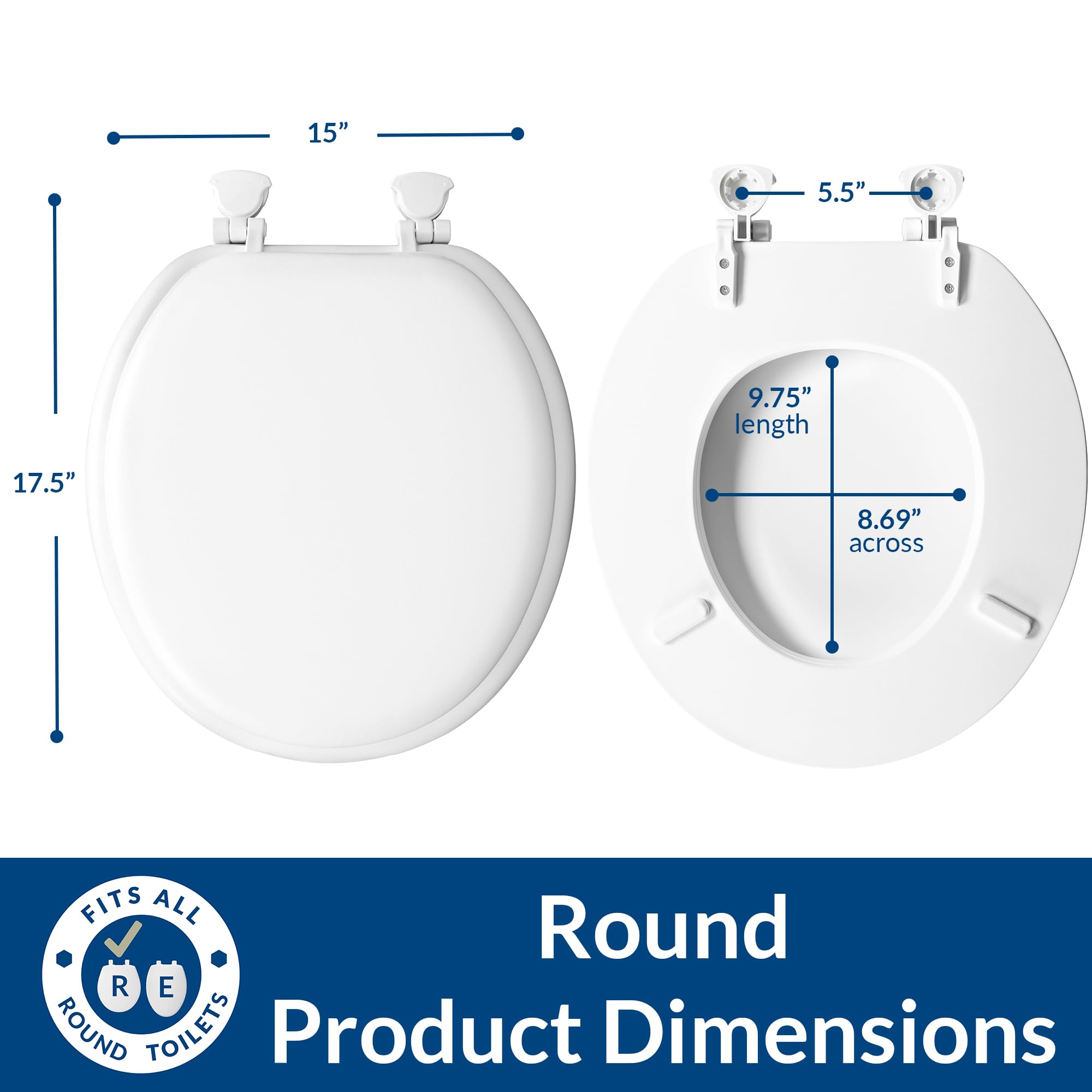 Mayfair Padded Toilet Seat - Soft Vinyl Cushioned Wood Core Toilet Seat with Secure Hinges, Easy to Clean Round Bone White - Perfect for Elderly, Disabled & Comfort Seekers at Home or Healthcare Facilities