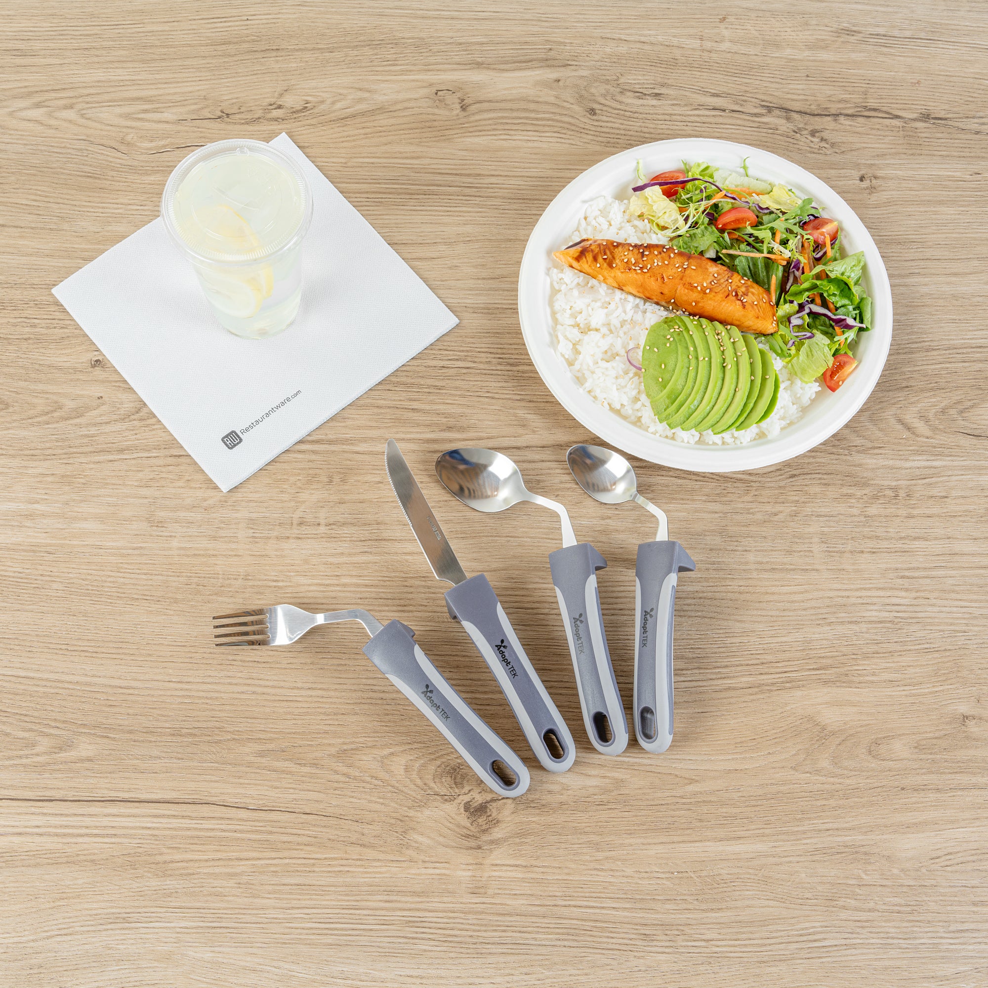 Adapt Tek Gray Stainless Steel 4-Piece Adaptive Offset Utensil Set for Right-Handed Users - Lightweight, Non-Slip Grip - Perfect for Arthritis & Limited Mobility (1 Count Box) - Ideal for Cooking, Baking & Everyday Kitchen Tasks