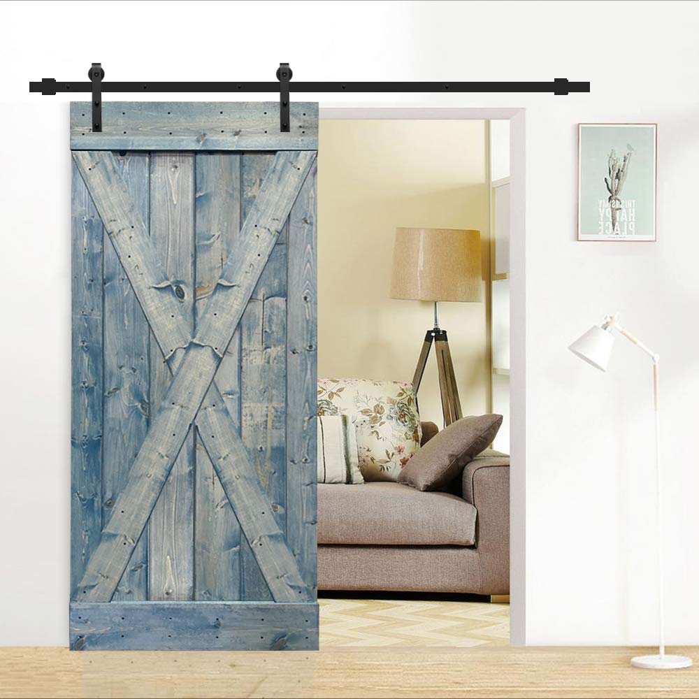 TMS X Series Solid Knotty Pine Wood Sliding Barn Door with Hardware Kit - Denim Blue | Rustic Interior Door for Bedroom, Closet & Farmhouse Style Homes