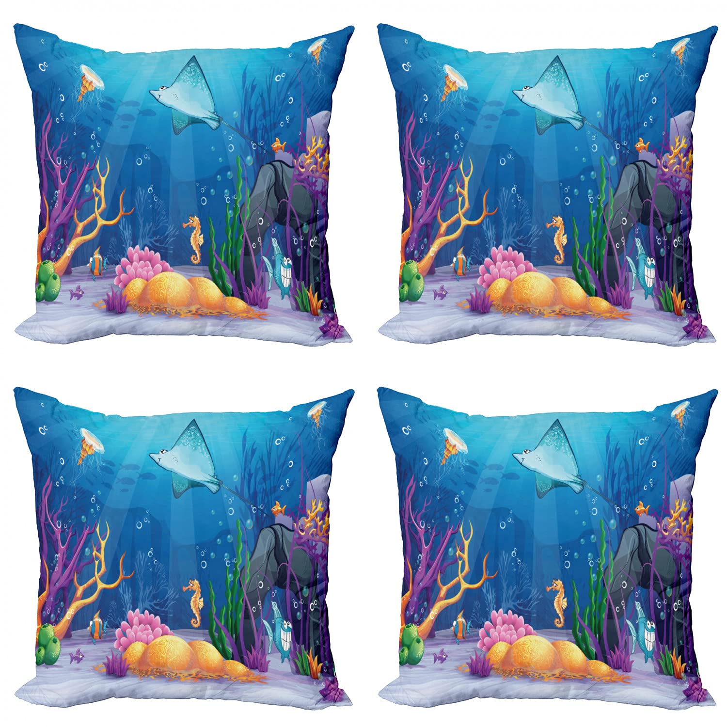 Ambesonne Ocean Themed Decorative Throw Pillow Covers Set of 4 - Sealife Design with Navy Fish, Moss, Shells, Bubbles & Sunbeams in Cartoon Style - 24 Inch Multicolor Cushion Covers for Sofa, Living Room, Bedroom & Car Decor | Perfect for Coastal Home Decor and Beach House Styling