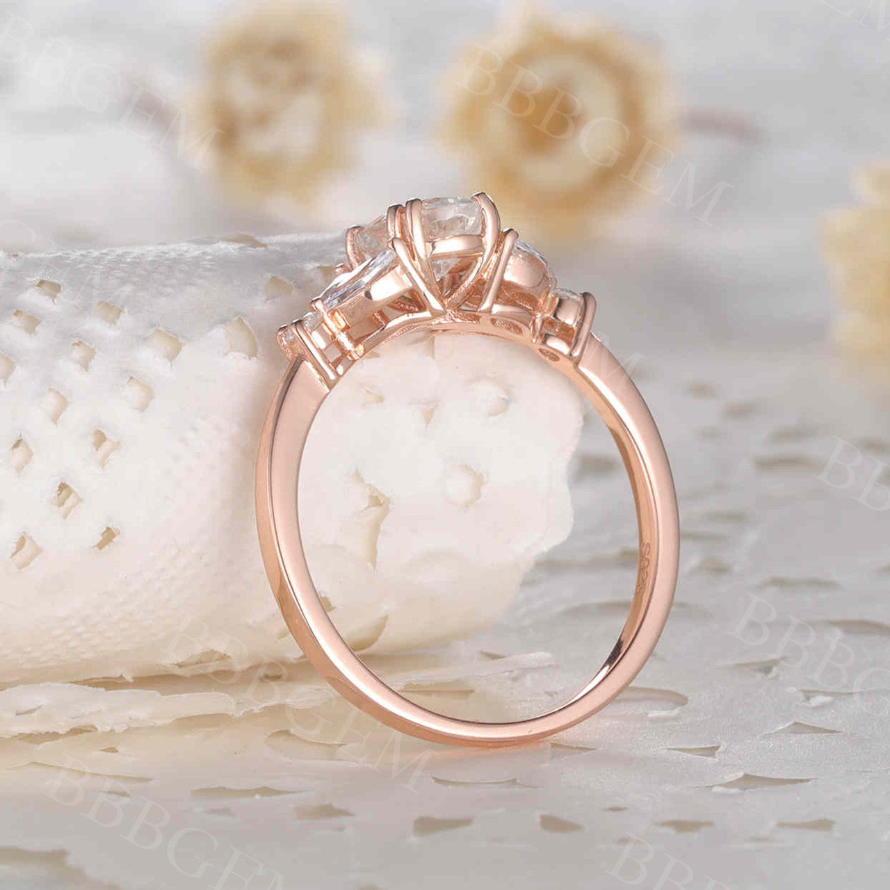 Art Deco Style Marquise Cut Moissanite Engagement Ring with Verbenas & Moonstone Accents – Vintage Inspired Jewelry for Weddings, Anniversaries & Special Occasions