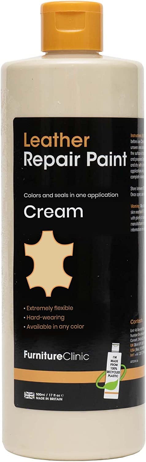 Furniture Clinic Leather Repair Paint Kit - 2-in-1 Sealant & Color Restorer for Scratches, Tears & Holes | Professional Leather Repair for Car Seats, Sofas & Furniture | Quick & Easy DIY Solution (Cream, 500ml/17oz) | Perfect for Home, Office & Auto Upholstery Repair