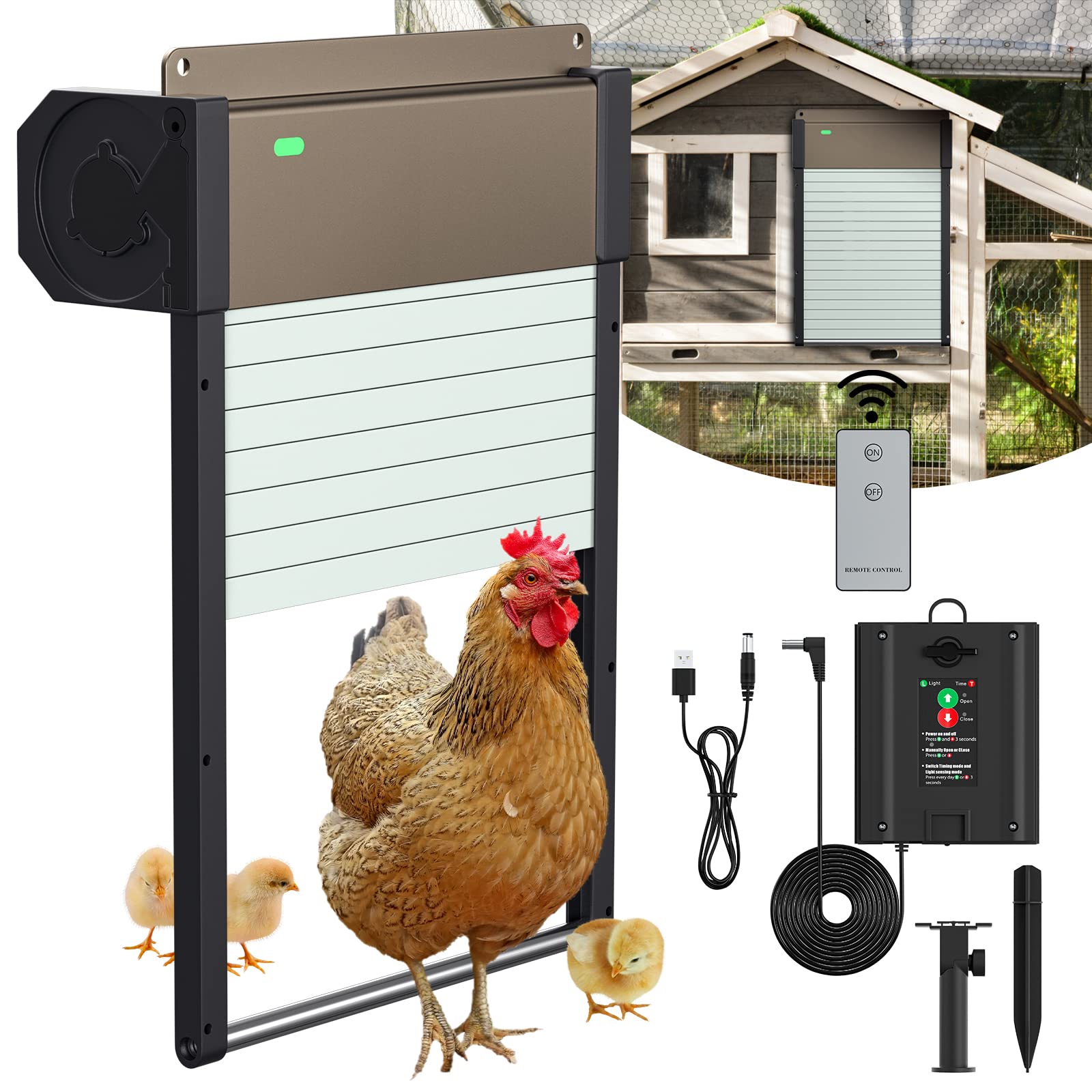 Solar Powered Automatic Chicken Coop Door Opener - Anti-Pinch Aluminum Roller Shutter with Remote Control, Timer & Light Sensor - Predator Resistant Brown Coop Door for Backyard Poultry Safety