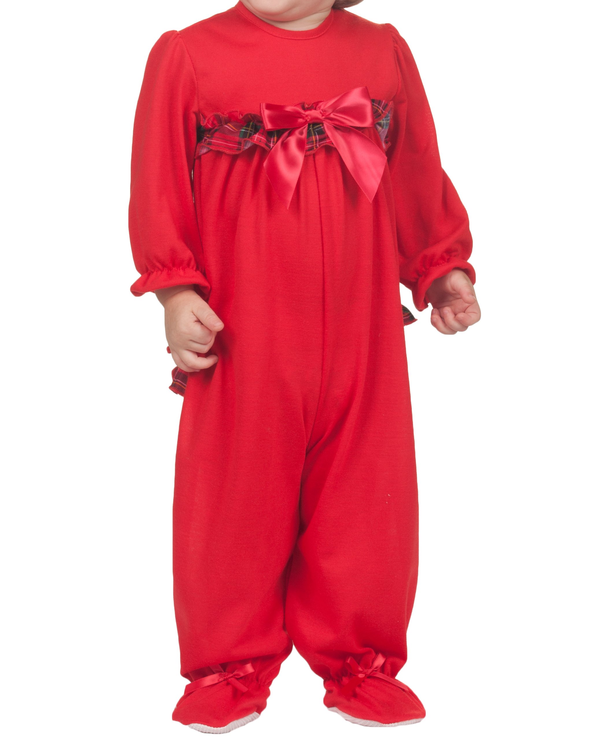 Laura Dare Baby Girls Holiday Red Frilly Footed Jumpsuit with Red and Green Plaid - Christmas Outfit for Infants & Toddlers - Perfect for Family Photos, Holiday Parties & Festive Celebrations
